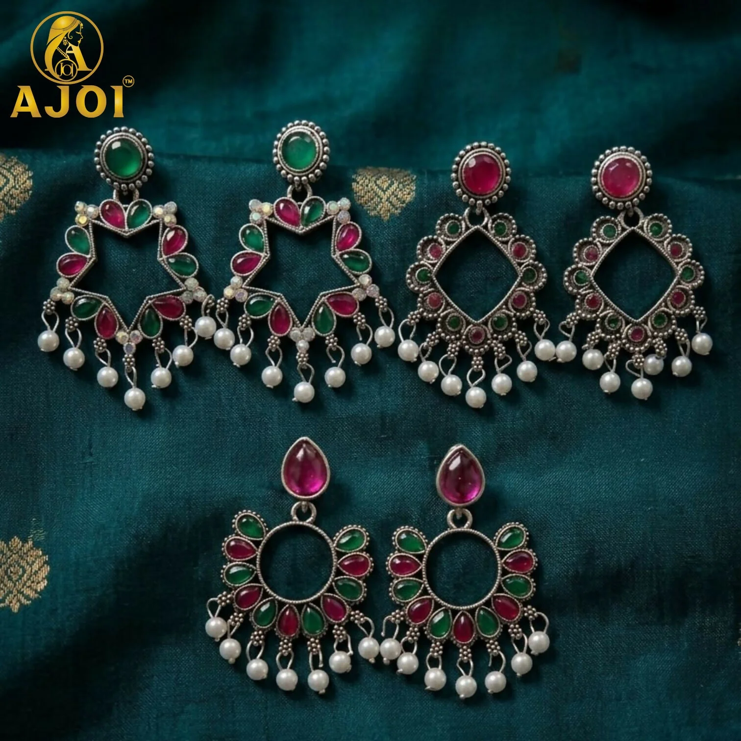 Traditional Kundan & Pearl Drop Earrings Set of 3 - Image 3