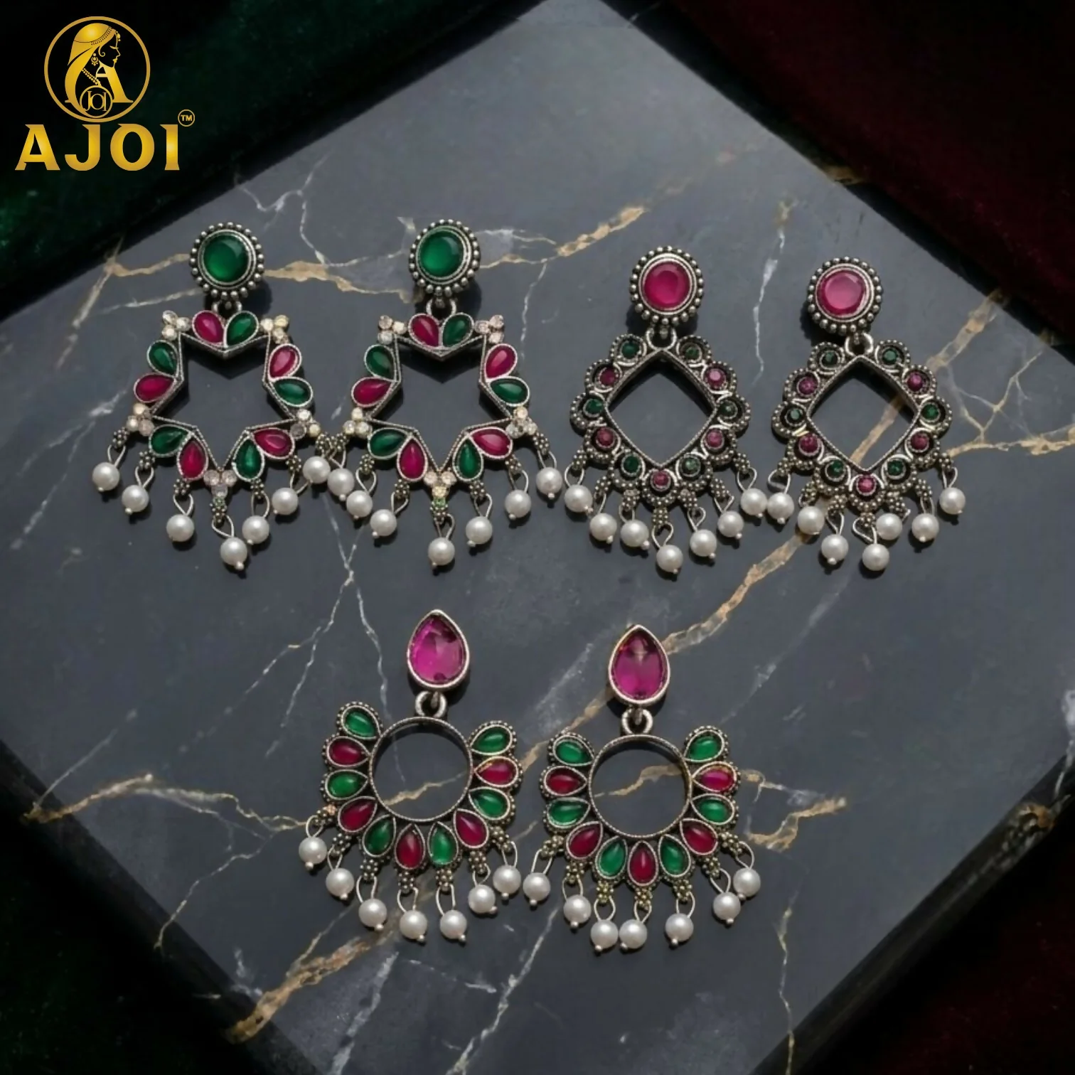 Traditional Kundan & Pearl Drop Earrings Set of 3 - Image 4