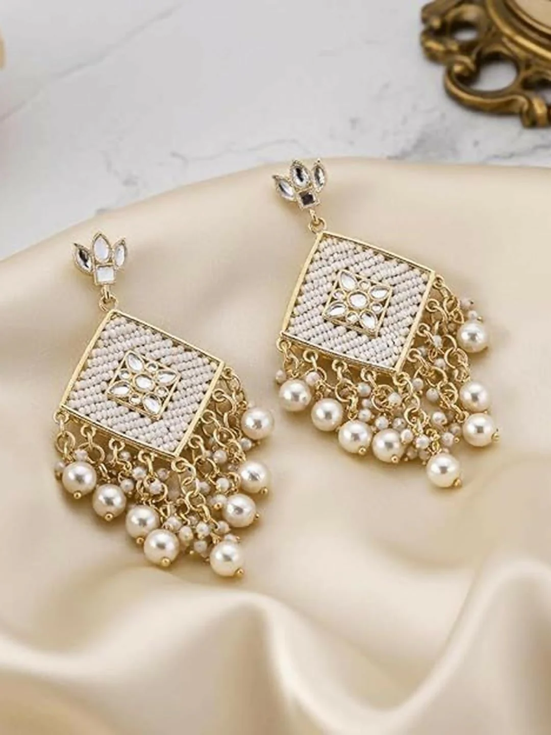 Traditional Kundan Stud Earrings with White Seed Bead Work and Pearl Drops. - Image 3