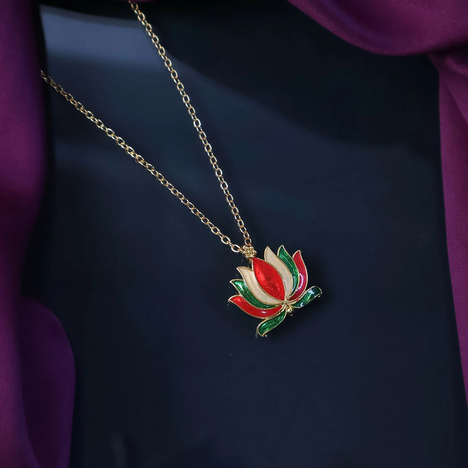 Traditional Lotus Flower Design Pendant Necklace with Chain for Women - Image 2