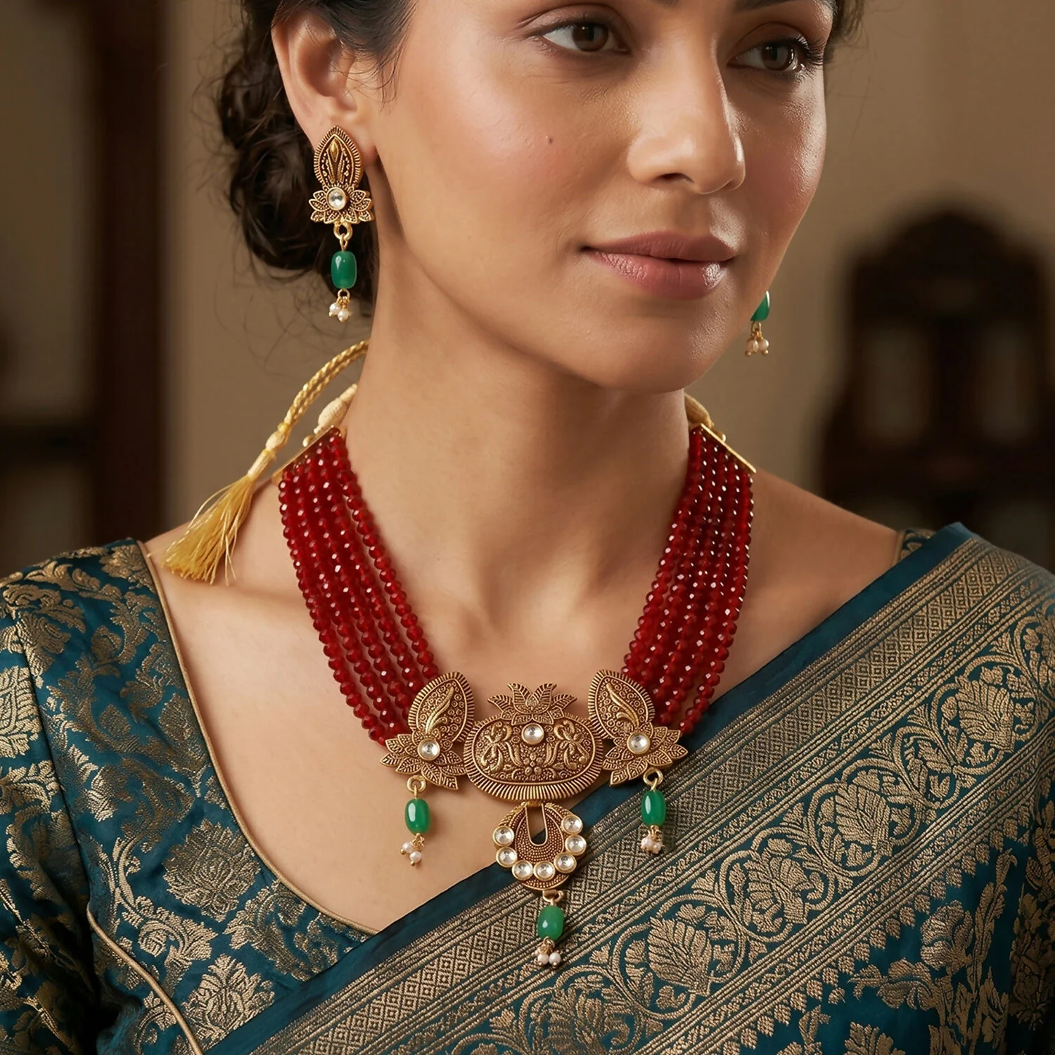 Traditional Maroon Beaded Designer Necklace Set with Earrings Ethnic Adjustable Thread Jewelry Set - Image 2