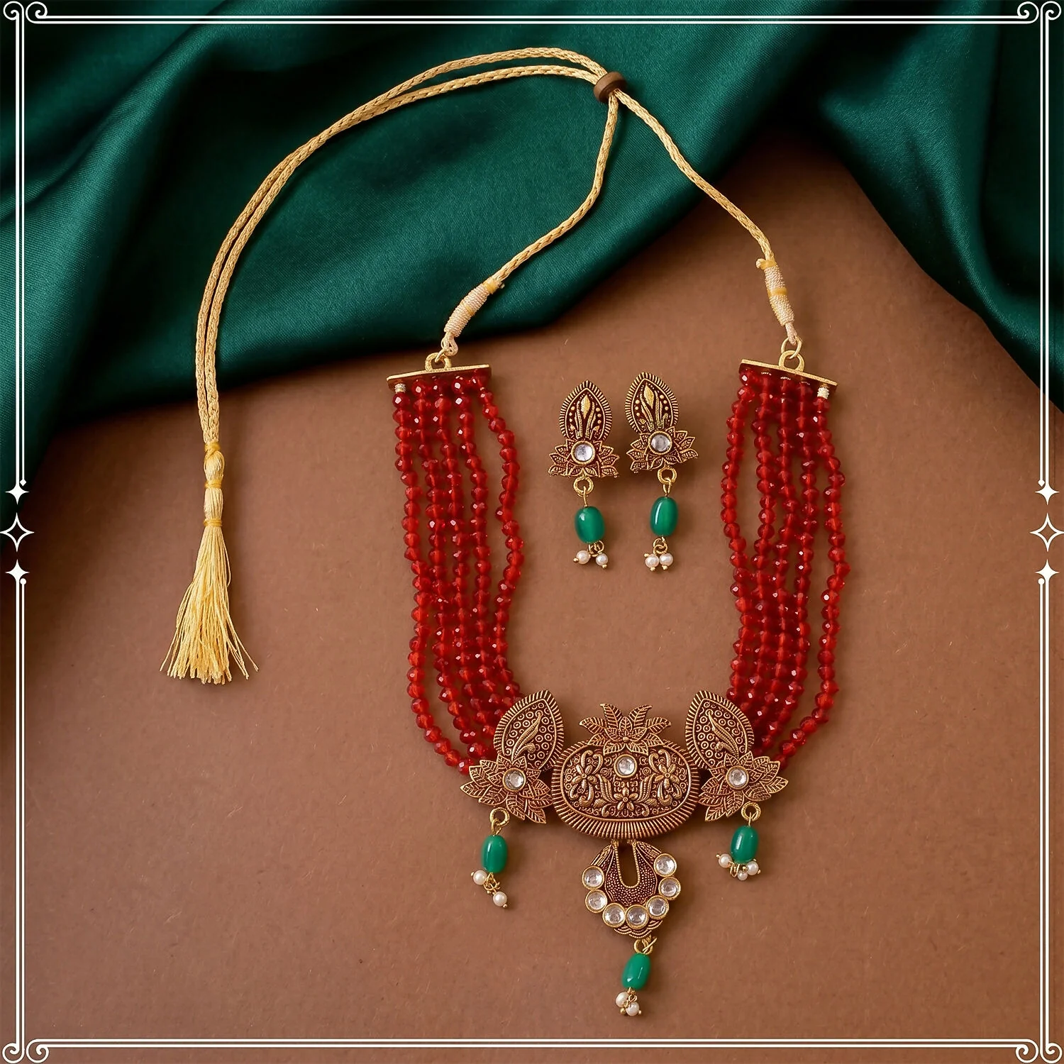 Traditional Maroon Beaded Designer Necklace Set with Earrings Ethnic Adjustable Thread Jewelry Set - Image 3