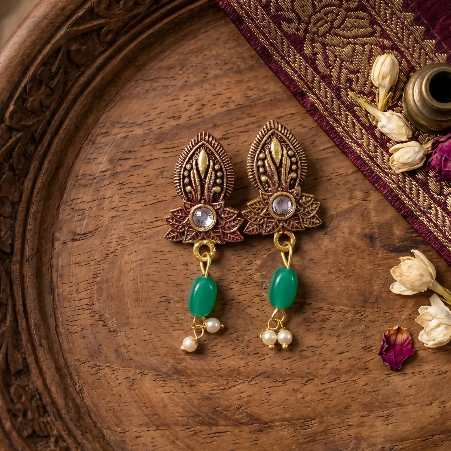 Traditional Maroon Beaded Designer Necklace Set with Earrings Ethnic Adjustable Thread Jewelry Set - Image 4