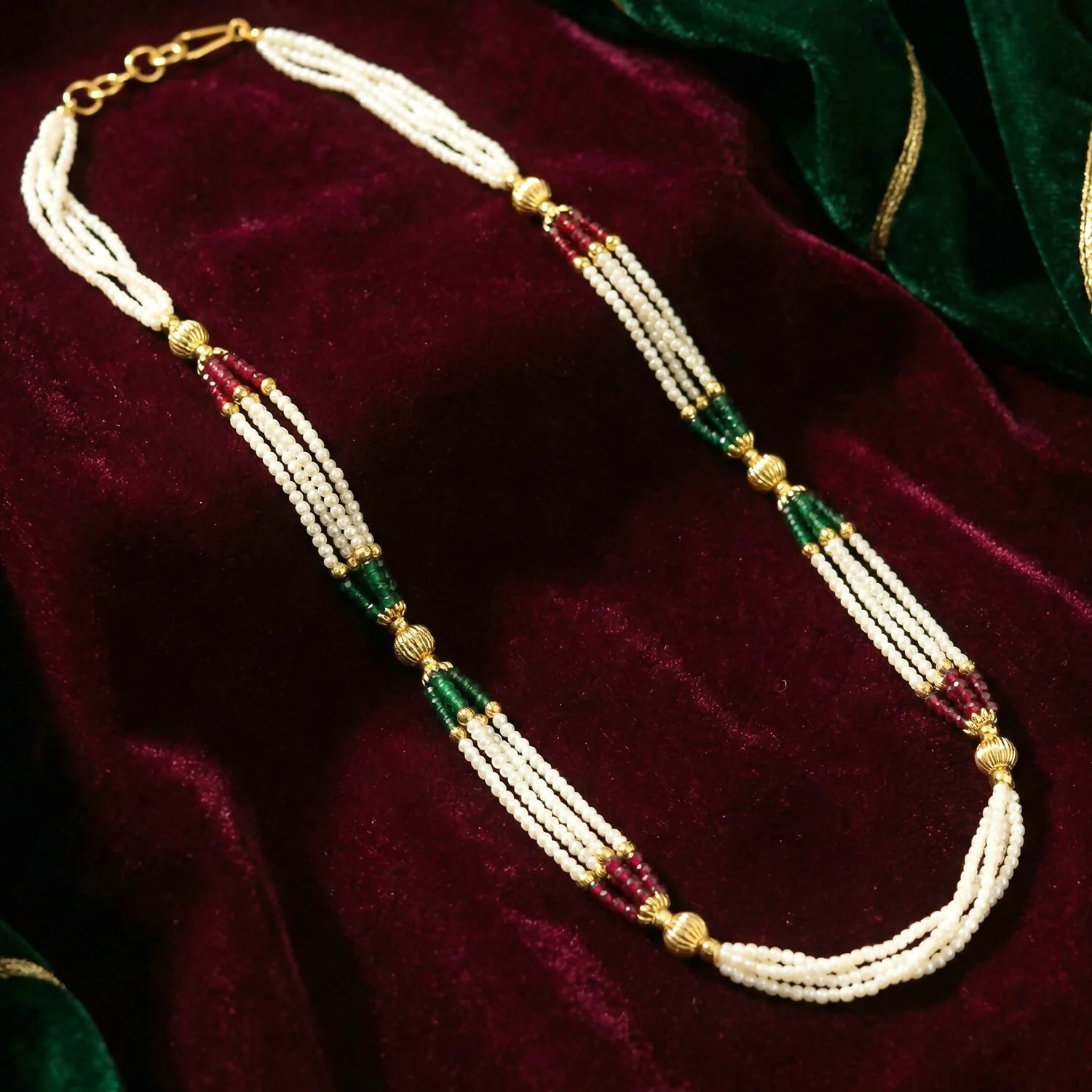 Traditional Multi-Layer Pearl Beaded Necklace with Red, Green & Gold Accent Detailing - Image 2