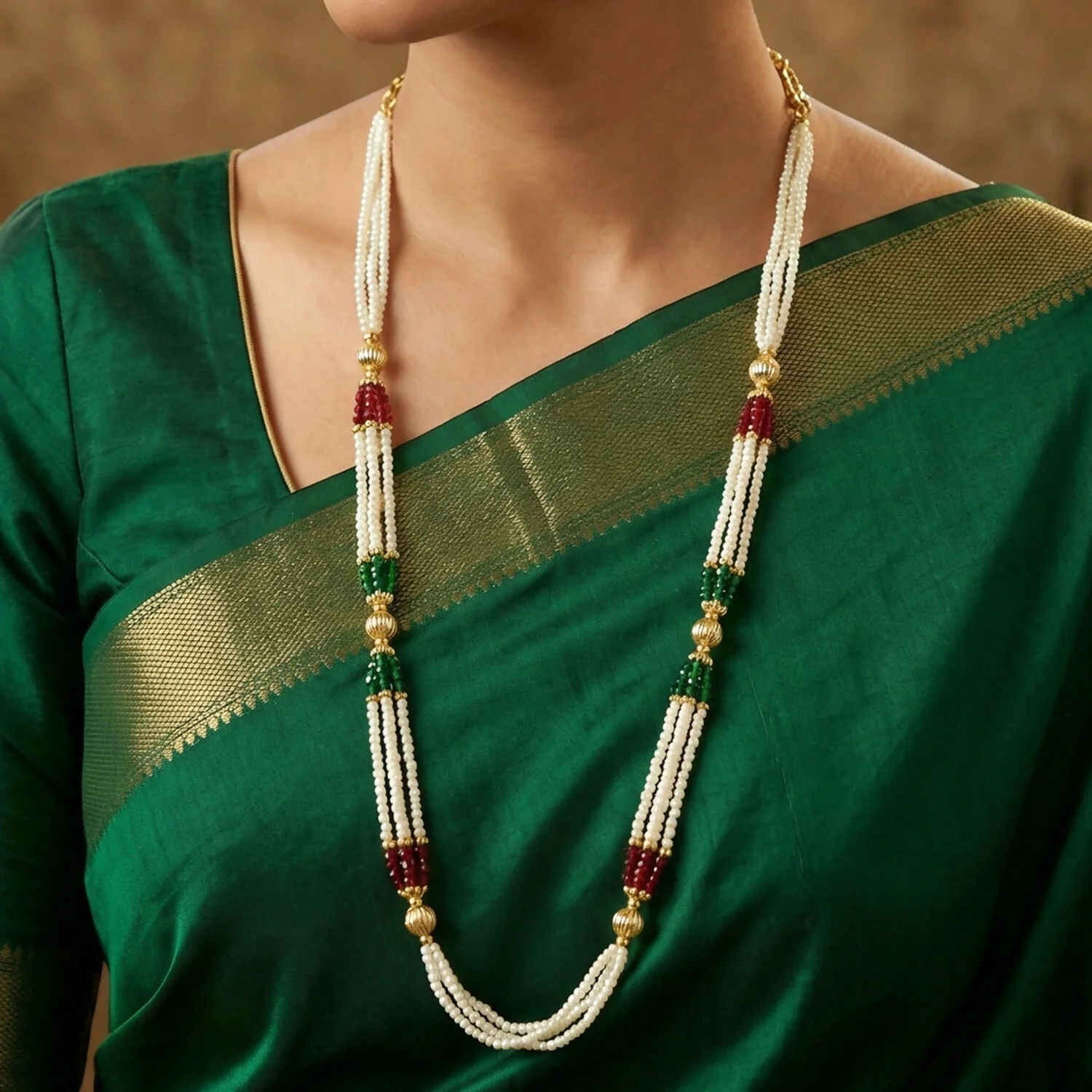 Traditional Multi-Layer Pearl Beaded Necklace with Red, Green & Gold Accent Detailing - Image 3