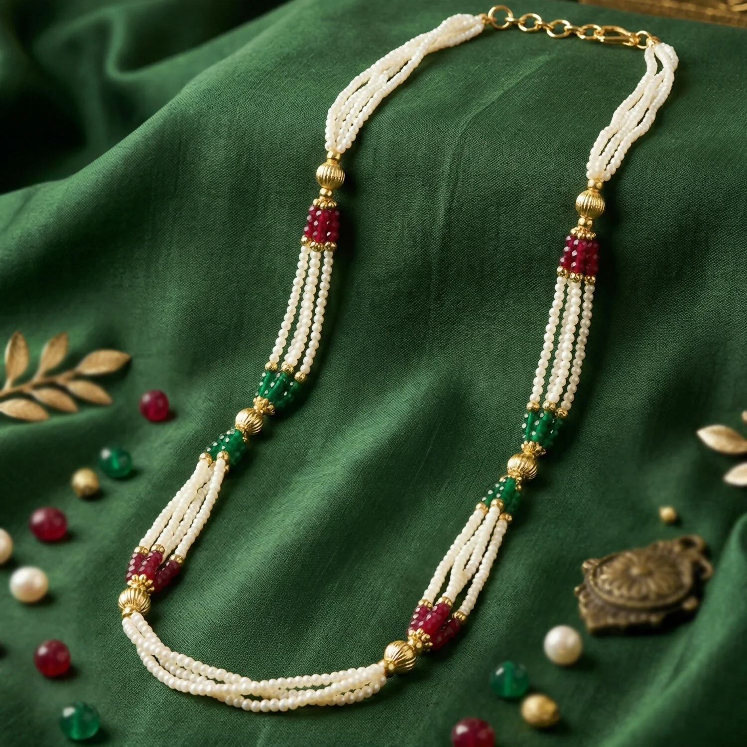 Traditional Multi-Layer Pearl Beaded Necklace with Red, Green & Gold Accent Detailing - Image 4