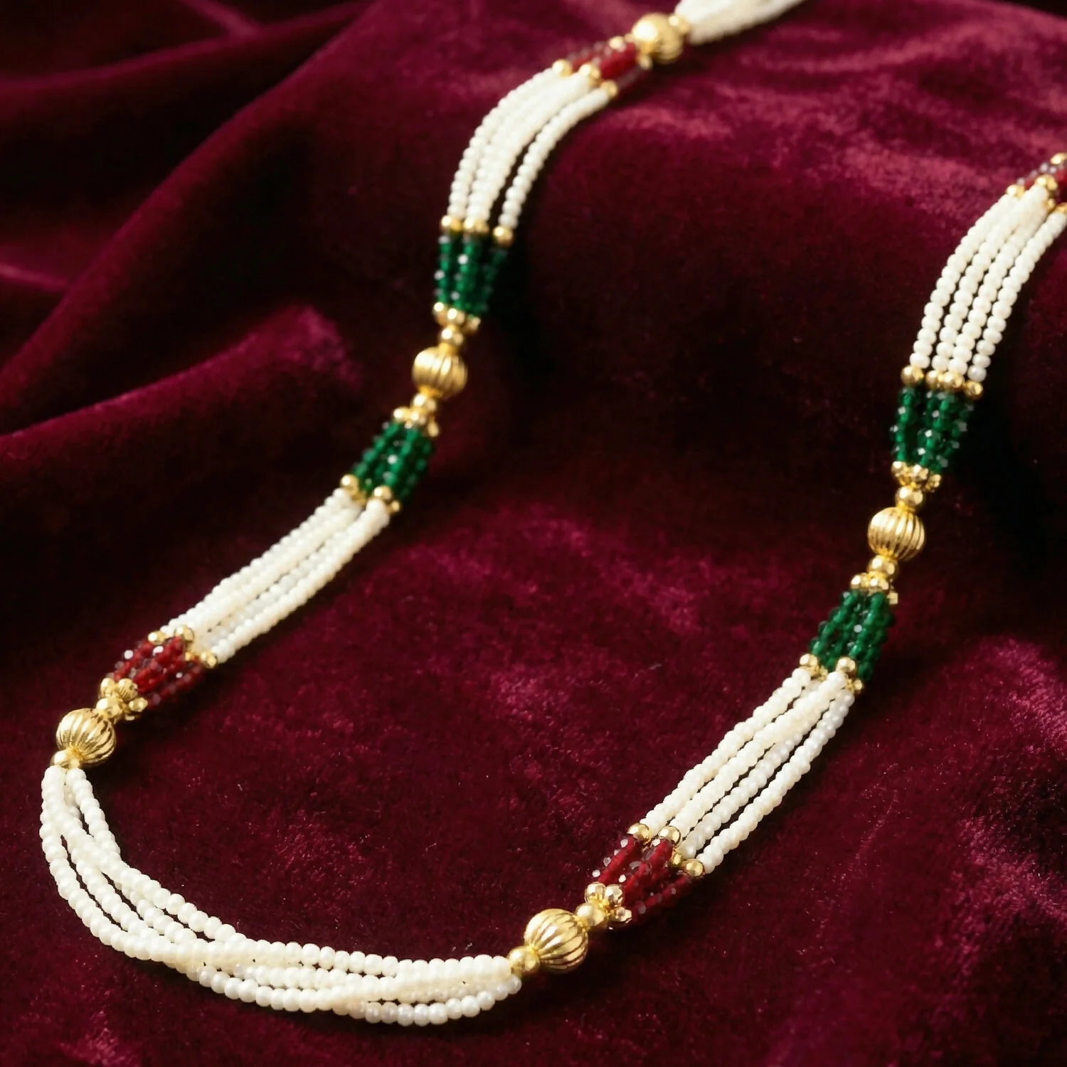 Traditional Multi-Layer Pearl Beaded Necklace with Red, Green & Gold Accent Detailing - Image 5