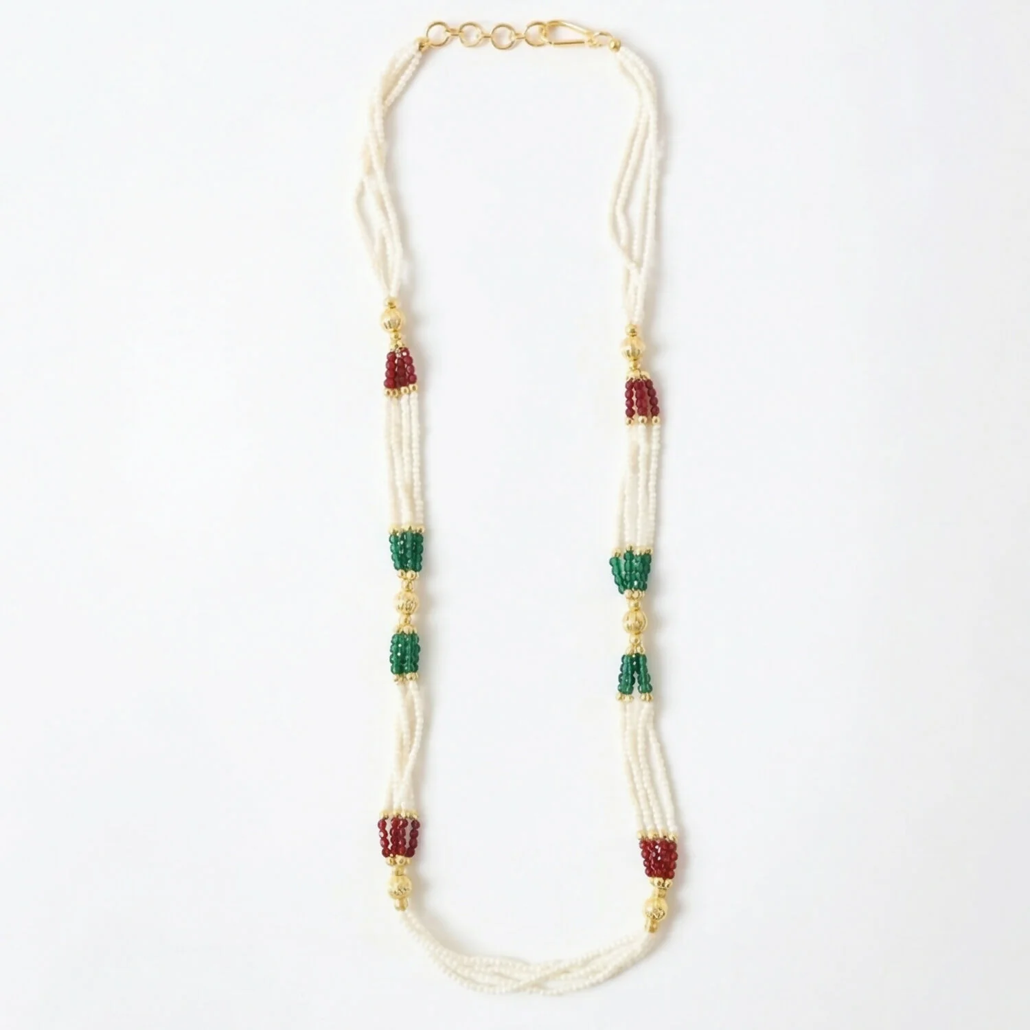 Traditional Multi-Layer Pearl Beaded Necklace with Red, Green & Gold Accent Detailing - Image 6