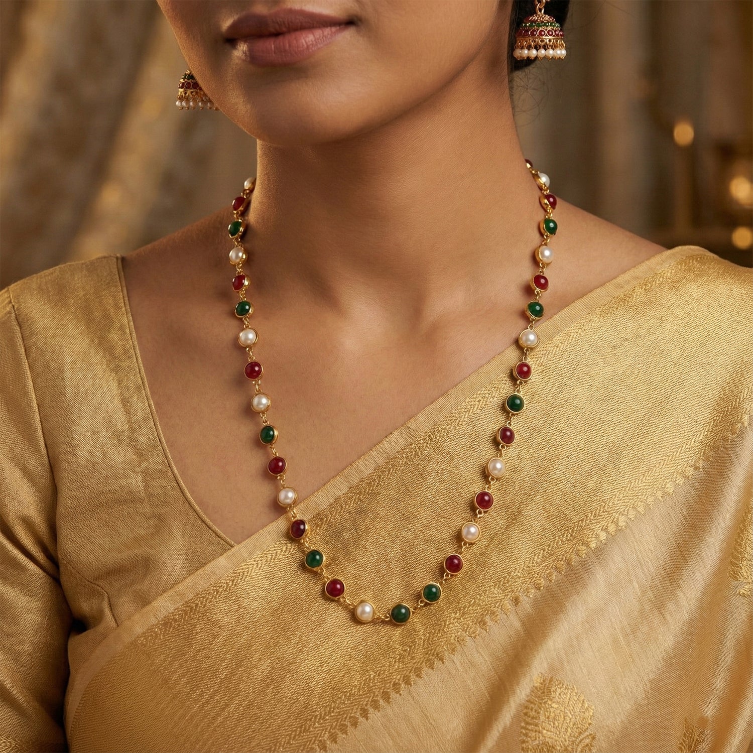 Traditional Multicolor Beaded Pearl Necklace with Red & Green Stone (1 Pc) - Image 3