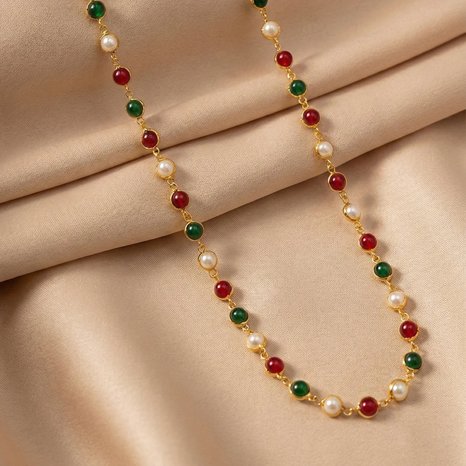 Traditional Multicolor Beaded Pearl Necklace with Red & Green Stone (1 Pc) - Image 6