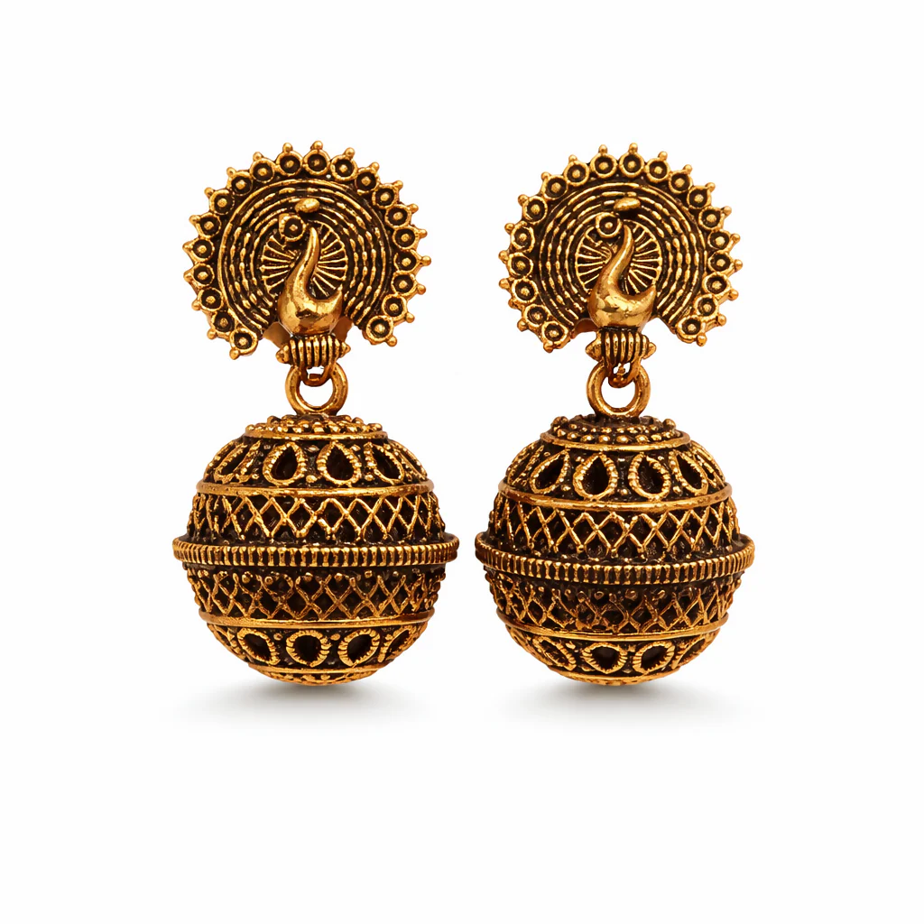 TRADITIONAL OXIDISED ANTIQUE GOLD JHUMKA EARRINGS - Image 2