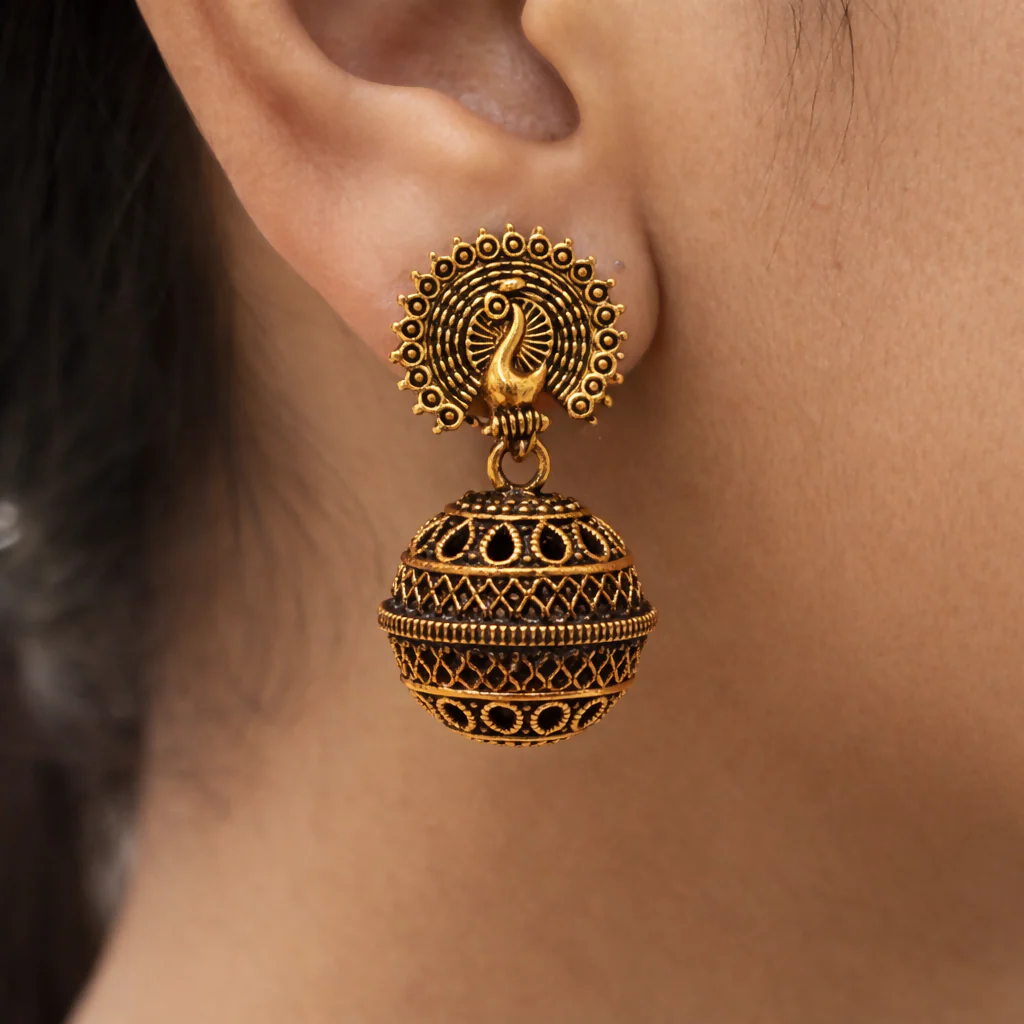 TRADITIONAL OXIDISED ANTIQUE GOLD JHUMKA EARRINGS - Image 3