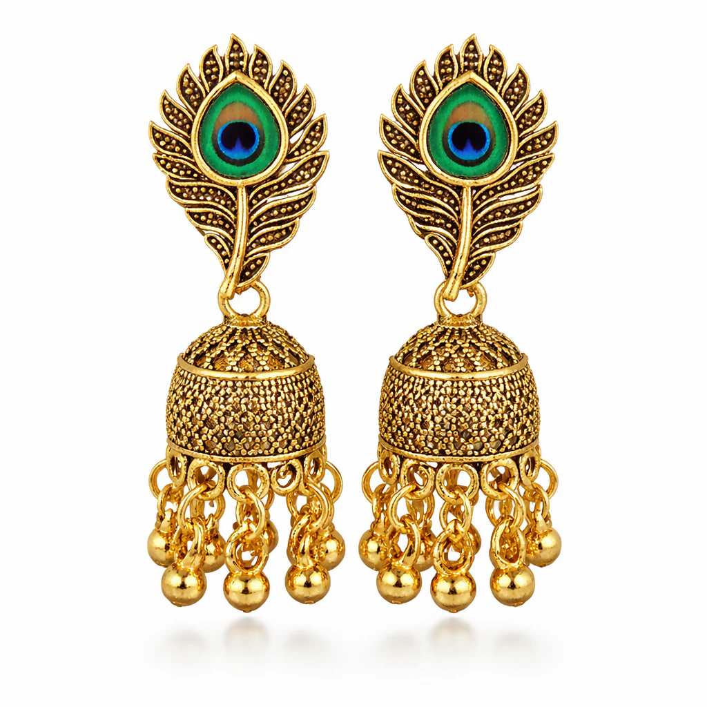 TRADITIONAL OXIDISED PEACOCK FEATHER JHUMKA EARINGS IN - Image 2