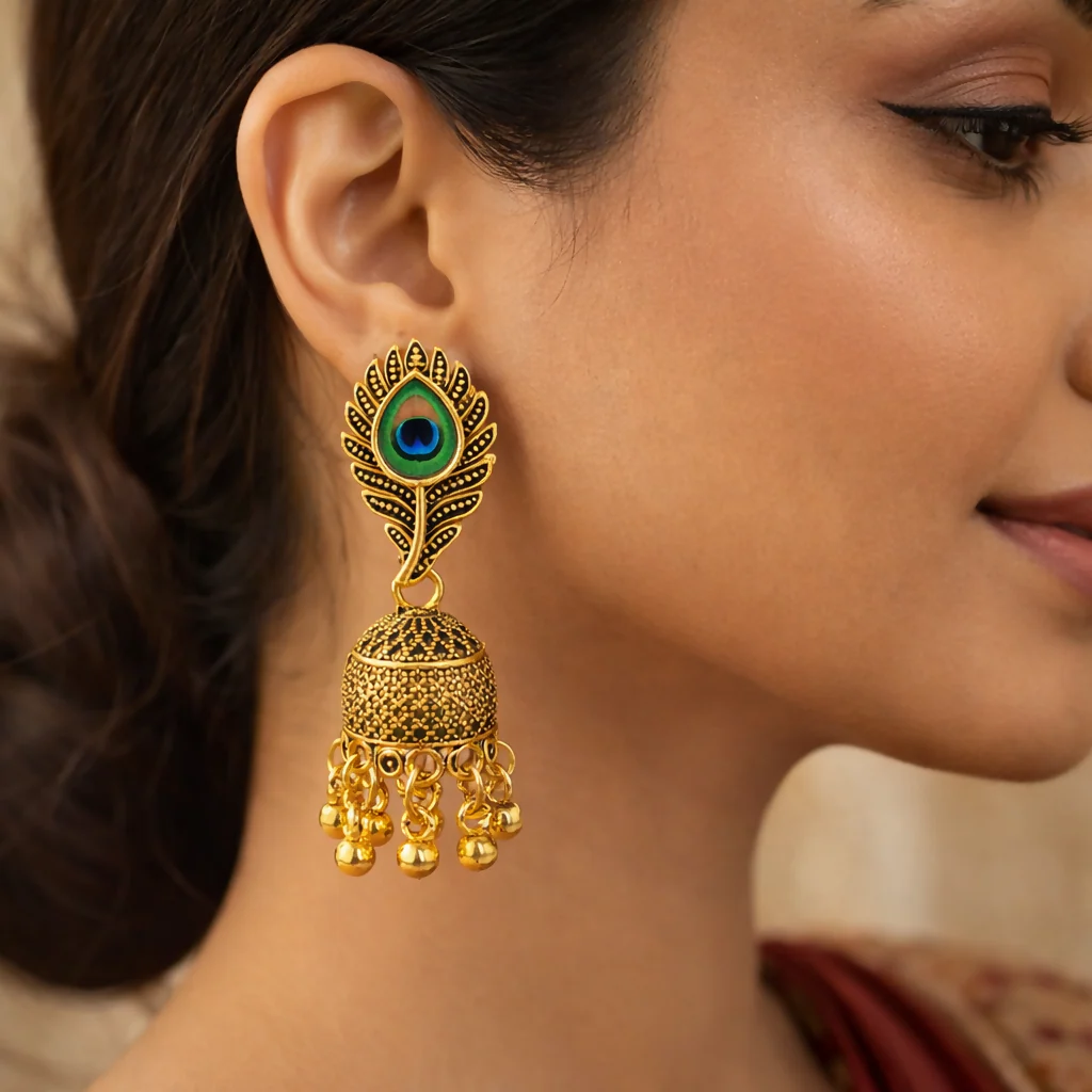 TRADITIONAL OXIDISED PEACOCK FEATHER JHUMKA EARINGS IN - Image 3