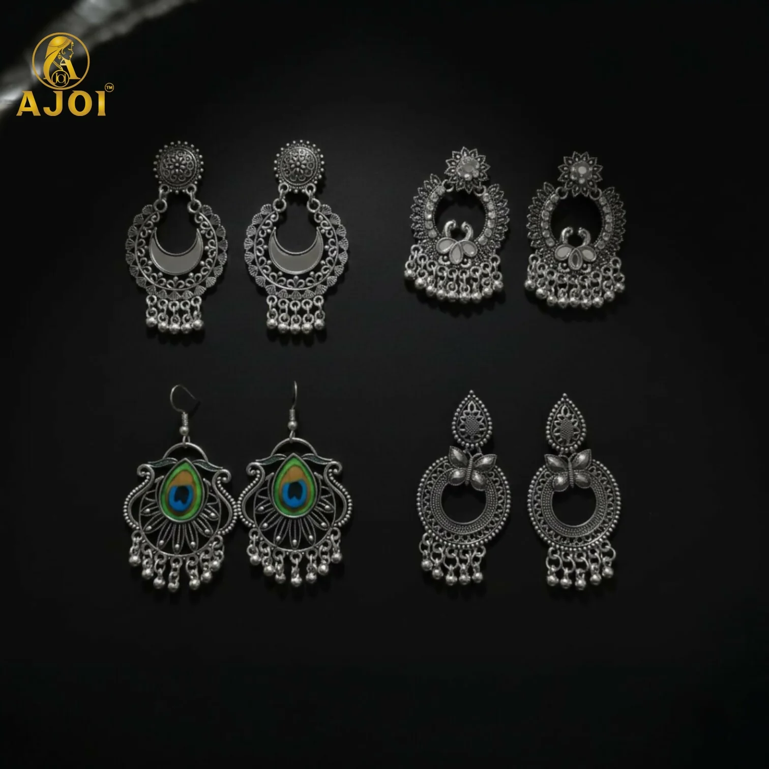 Traditional Oxidised Silver Earrings Combo Set for Women And Girls(PACK OF 4) - Image 5