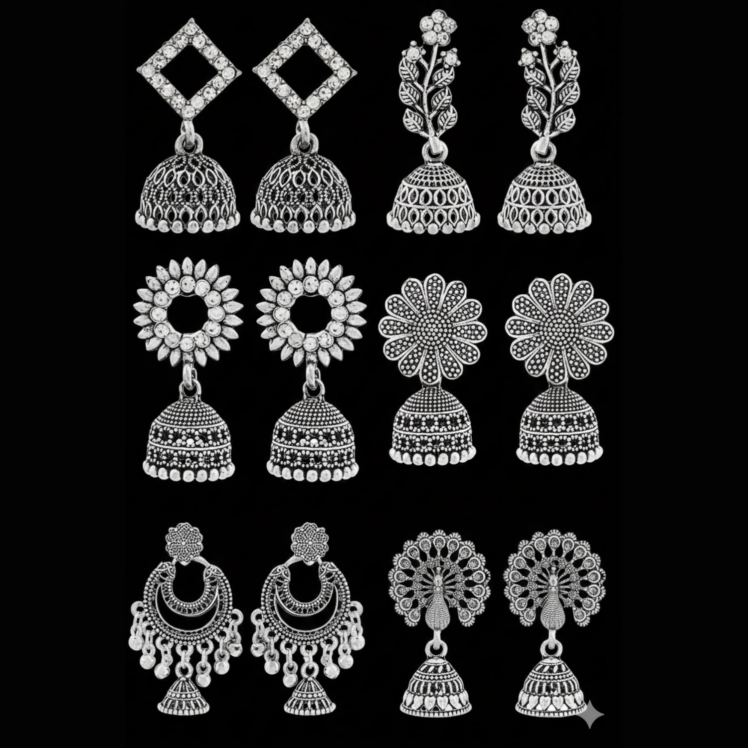 Traditional Oxidised Silver Jhumka Earrings Set Stylish Big Jhumki (6Pair Combo) - Image 2