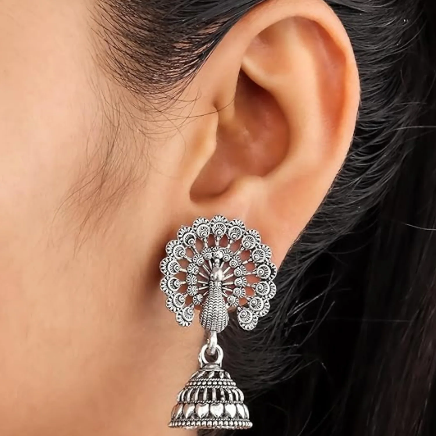 Traditional Oxidised Silver Jhumka Earrings Set Stylish Big Jhumki (6Pair Combo) - Image 3