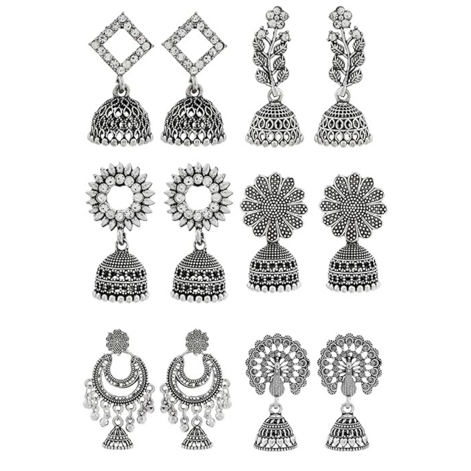 Traditional Oxidised Silver Jhumka Earrings Set Stylish Big Jhumki (6Pair Combo) - Image 4