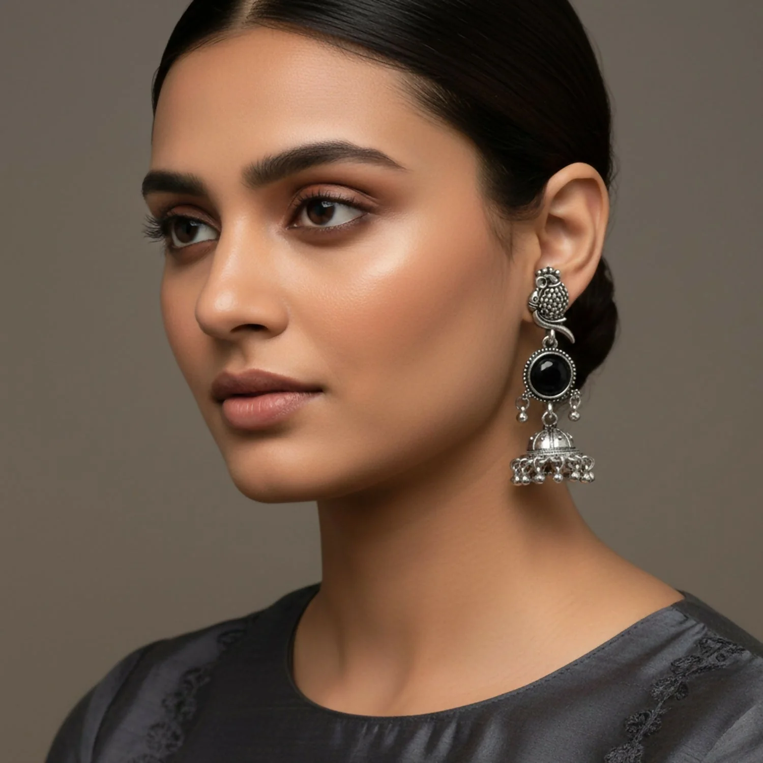 Traditional Oxidized Jhumka Earrings with Black Stone - Image 2