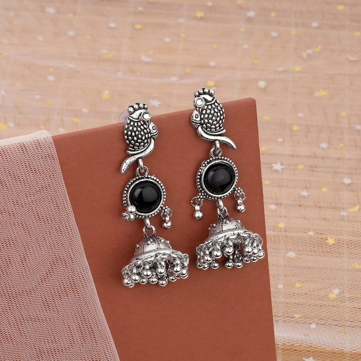Traditional Oxidized Jhumka Earrings with Black Stone - Image 3