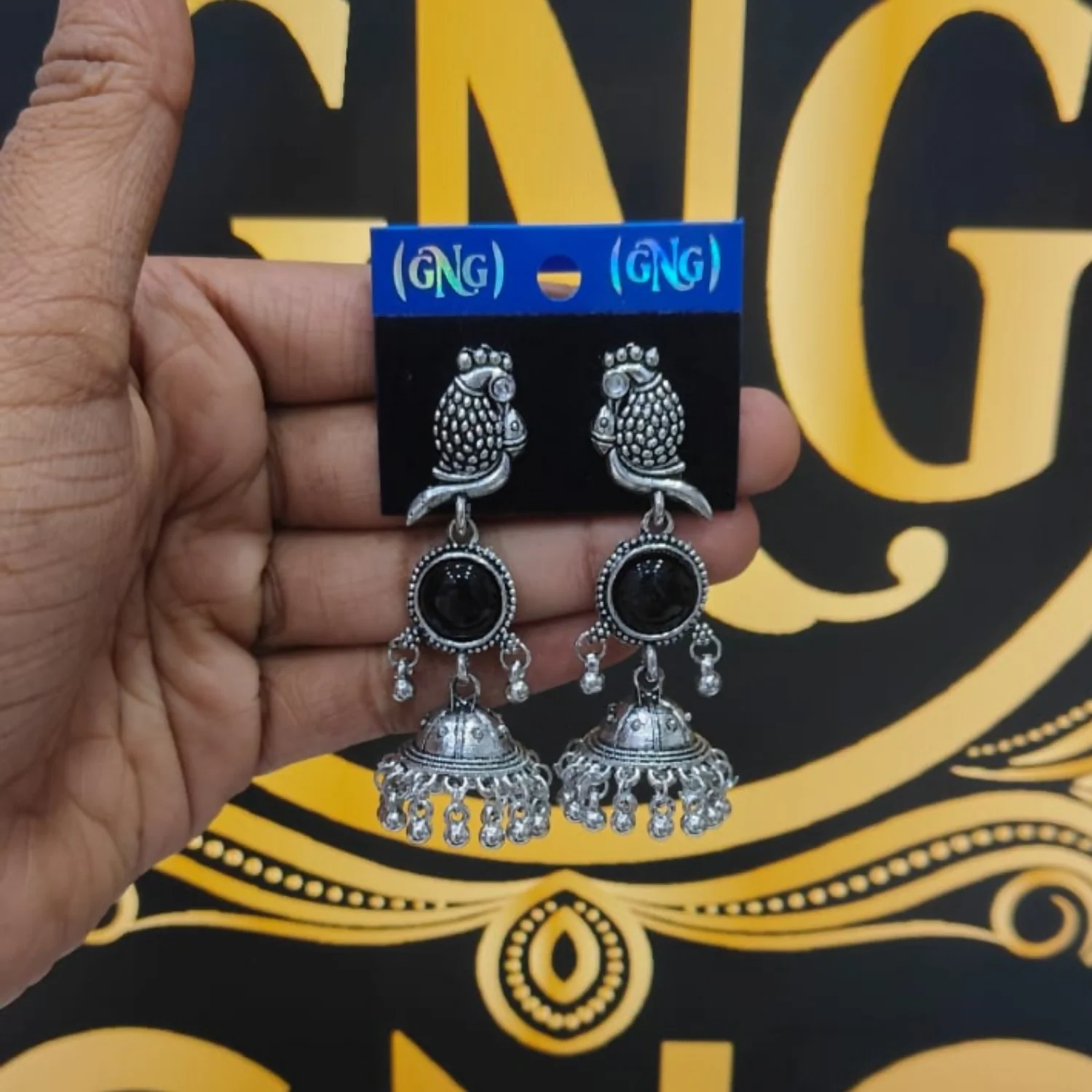 Traditional Oxidized Jhumka Earrings with Black Stone - Image 4
