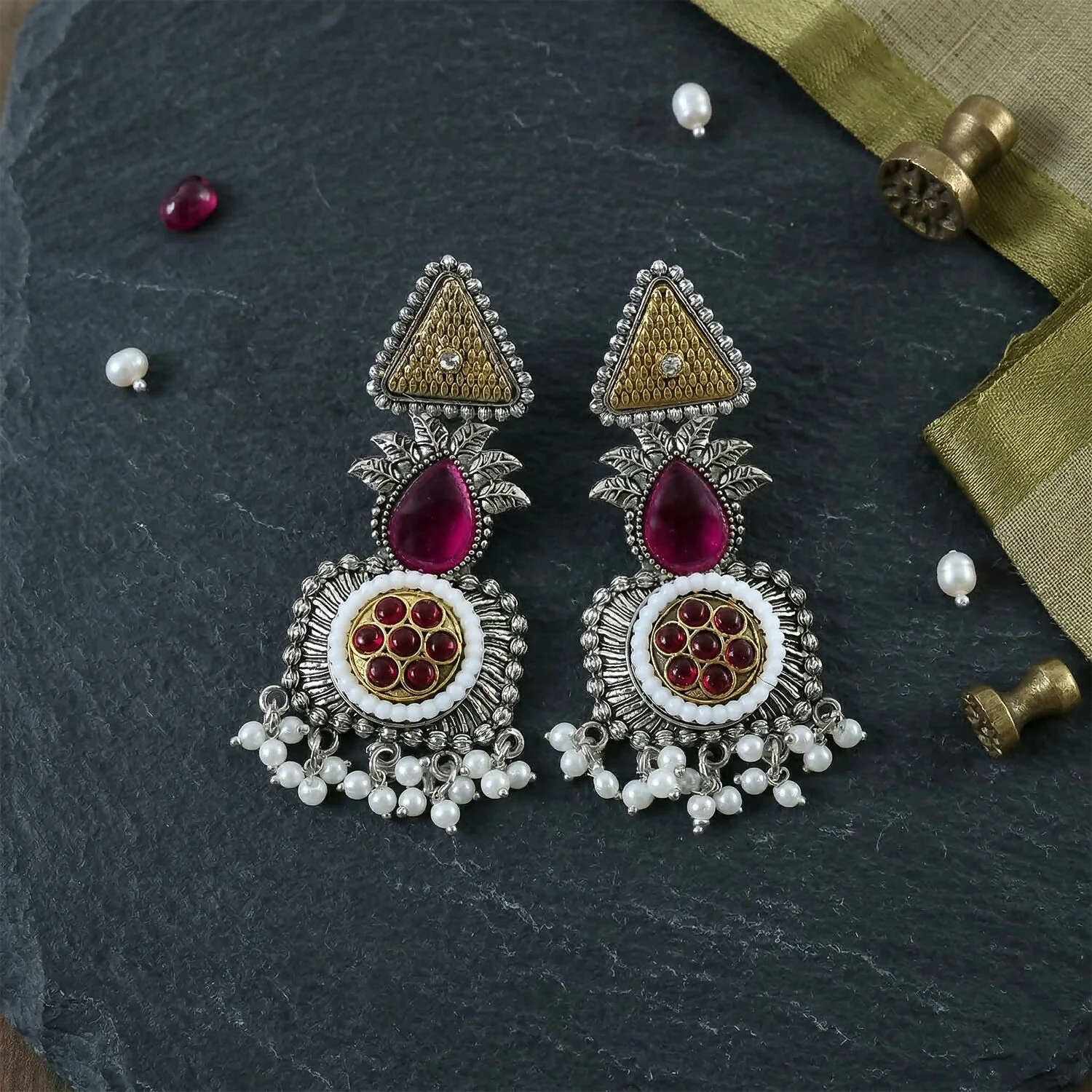 Traditional Oxidized Silver Earrings with Gold Tone Studs & Pearl Drop Fringe - Image 2