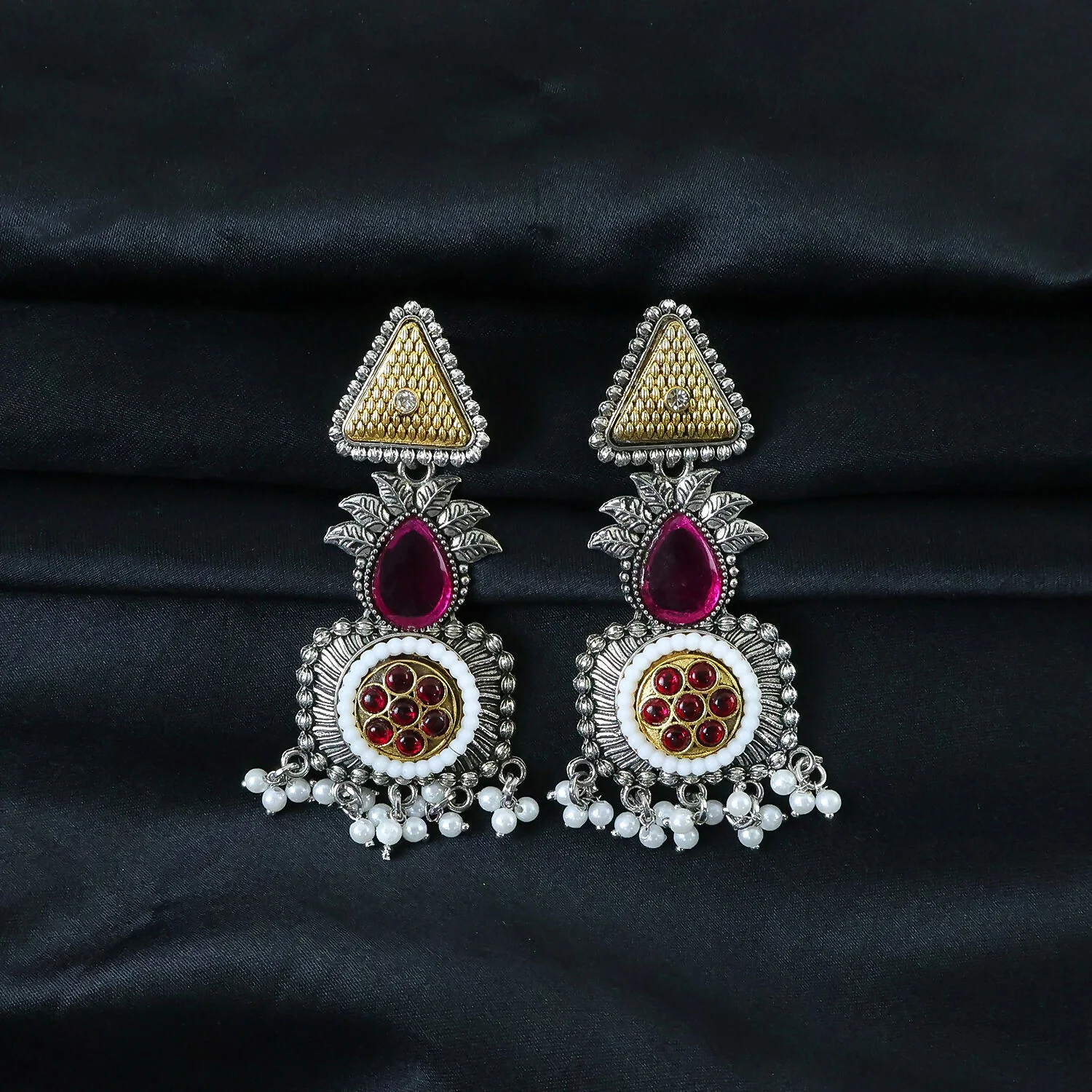 Traditional Oxidized Silver Earrings with Gold Tone Studs & Pearl Drop Fringe - Image 3