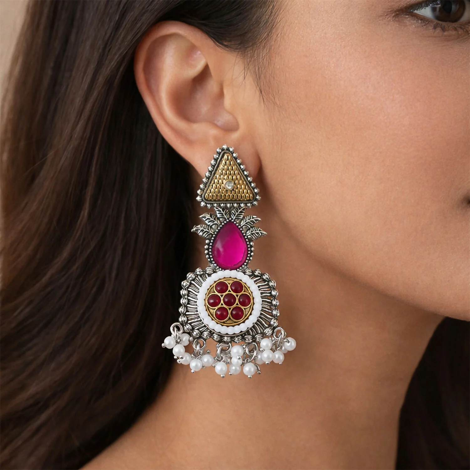 Traditional Oxidized Silver Earrings with Gold Tone Studs & Pearl Drop Fringe - Image 4