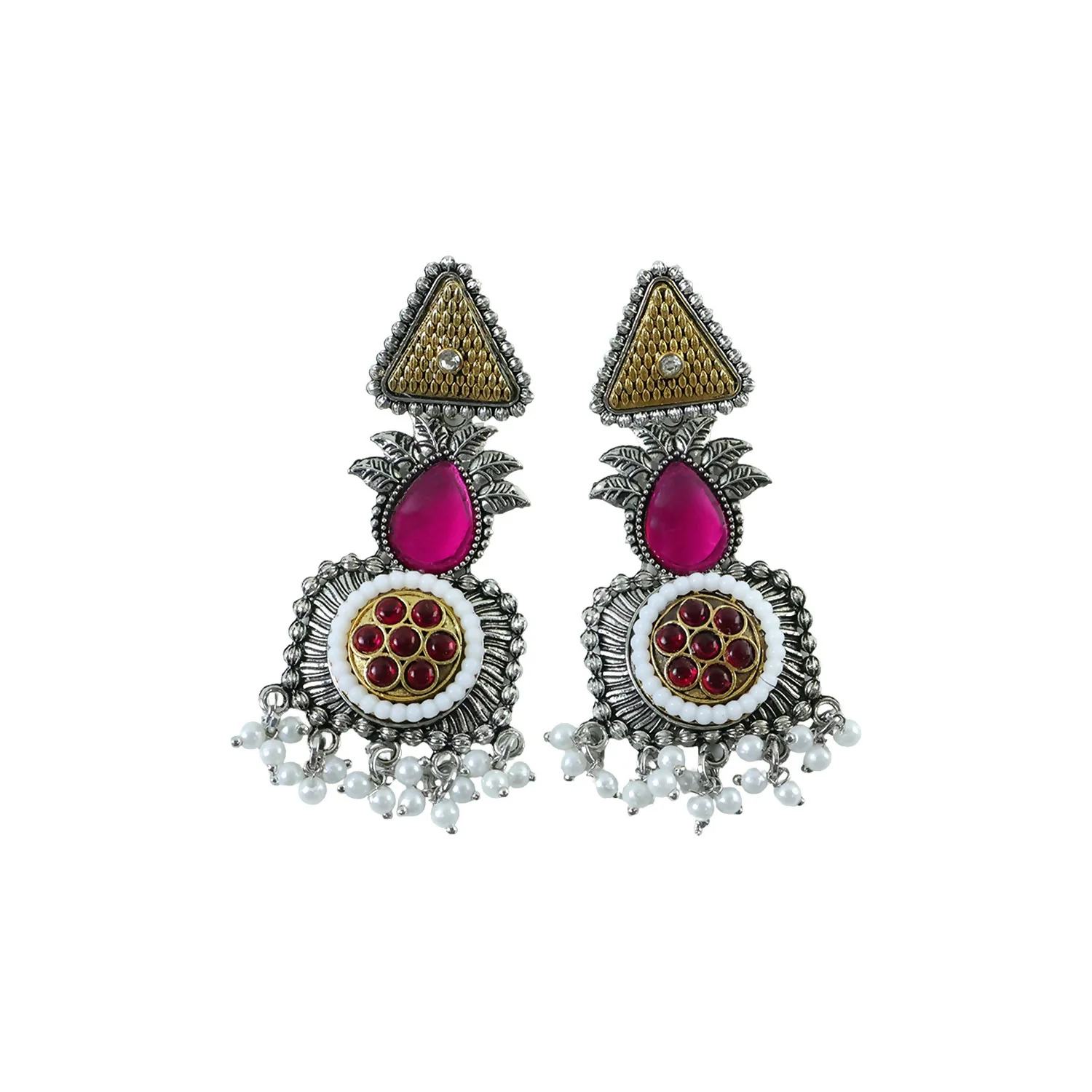 Traditional Oxidized Silver Earrings with Gold Tone Studs & Pearl Drop Fringe - Image 5