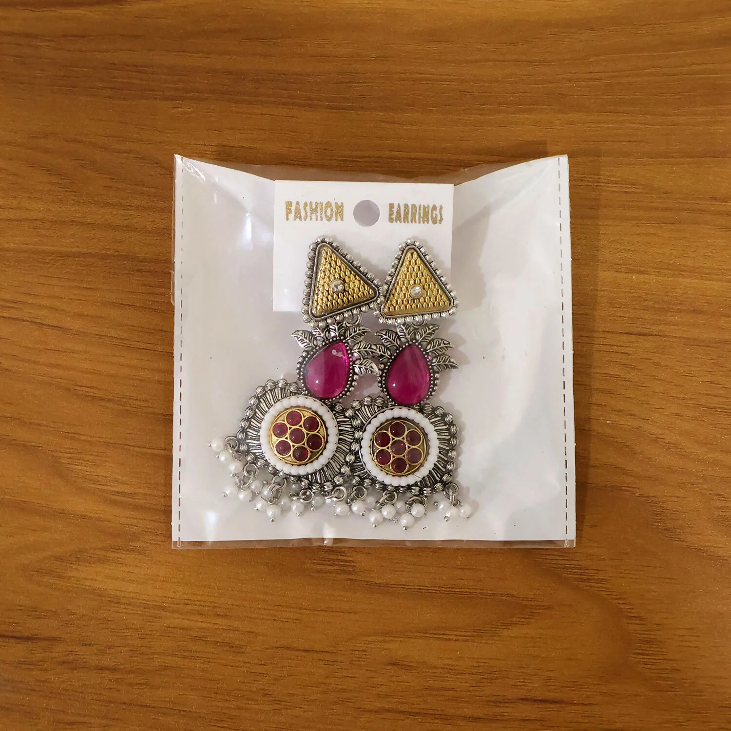 Traditional Oxidized Silver Earrings with Gold Tone Studs & Pearl Drop Fringe - Image 6
