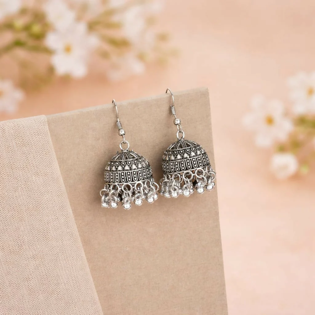 Traditional Oxidized Silver Hook jhumka Earrings - Image 3