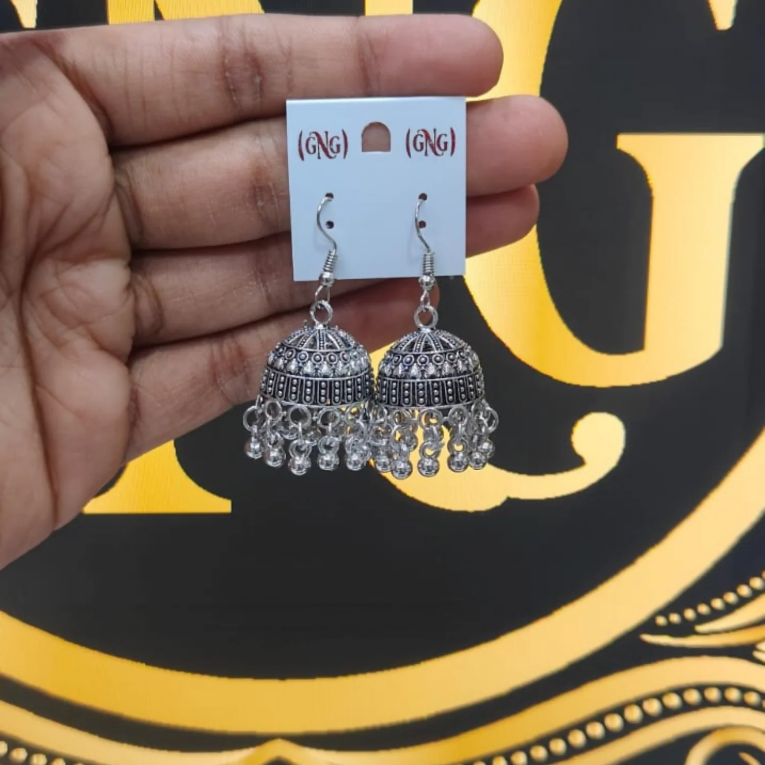 Traditional Oxidized Silver Hook jhumka Earrings - Image 4