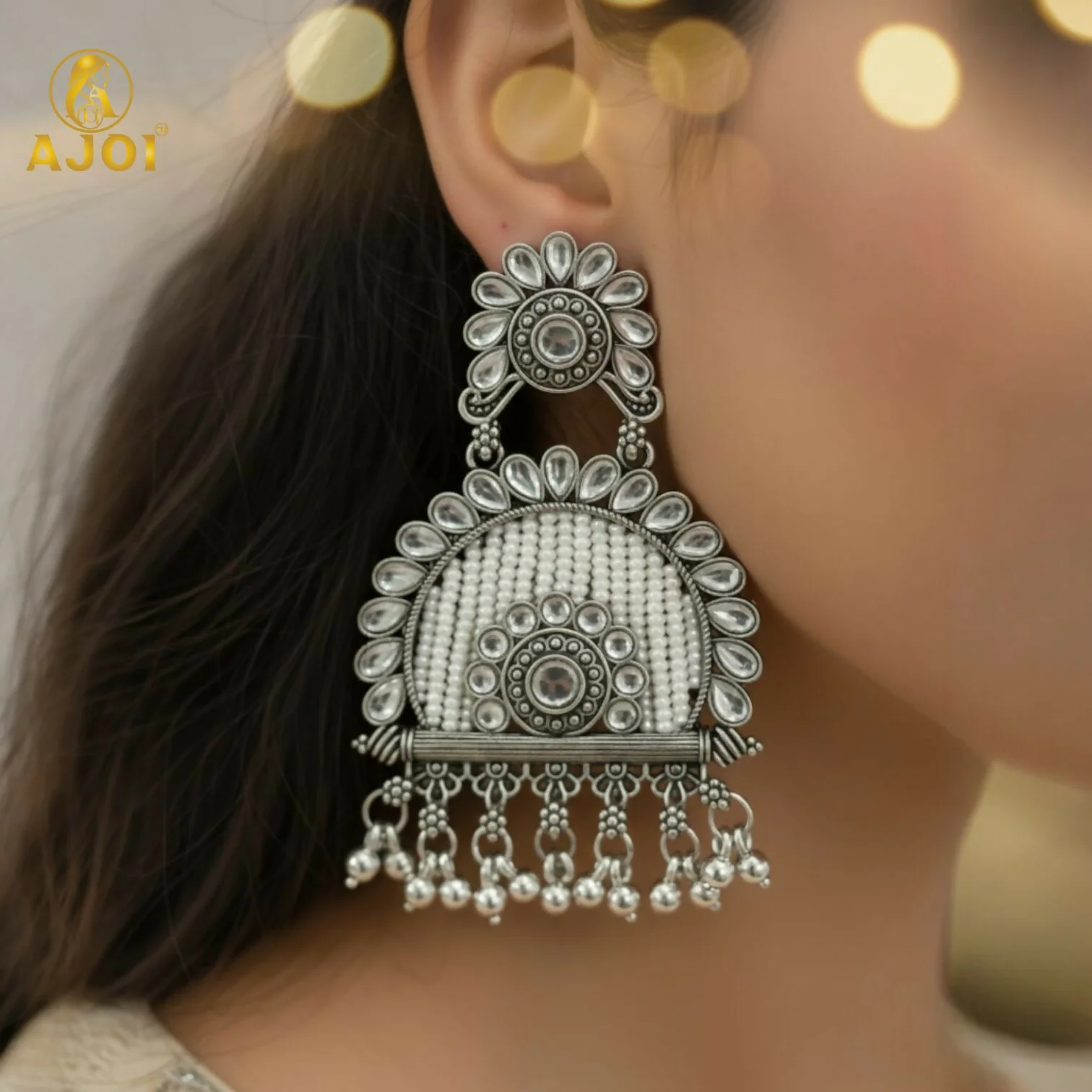 Traditional Oxidized Silver Jeco Chandbali Earrings - Image 2