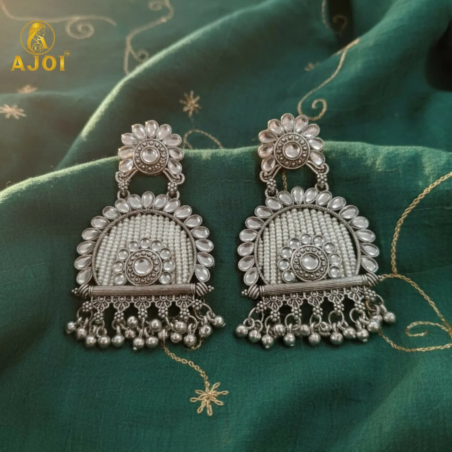 Traditional Oxidized Silver Jeco Chandbali Earrings - Image 3