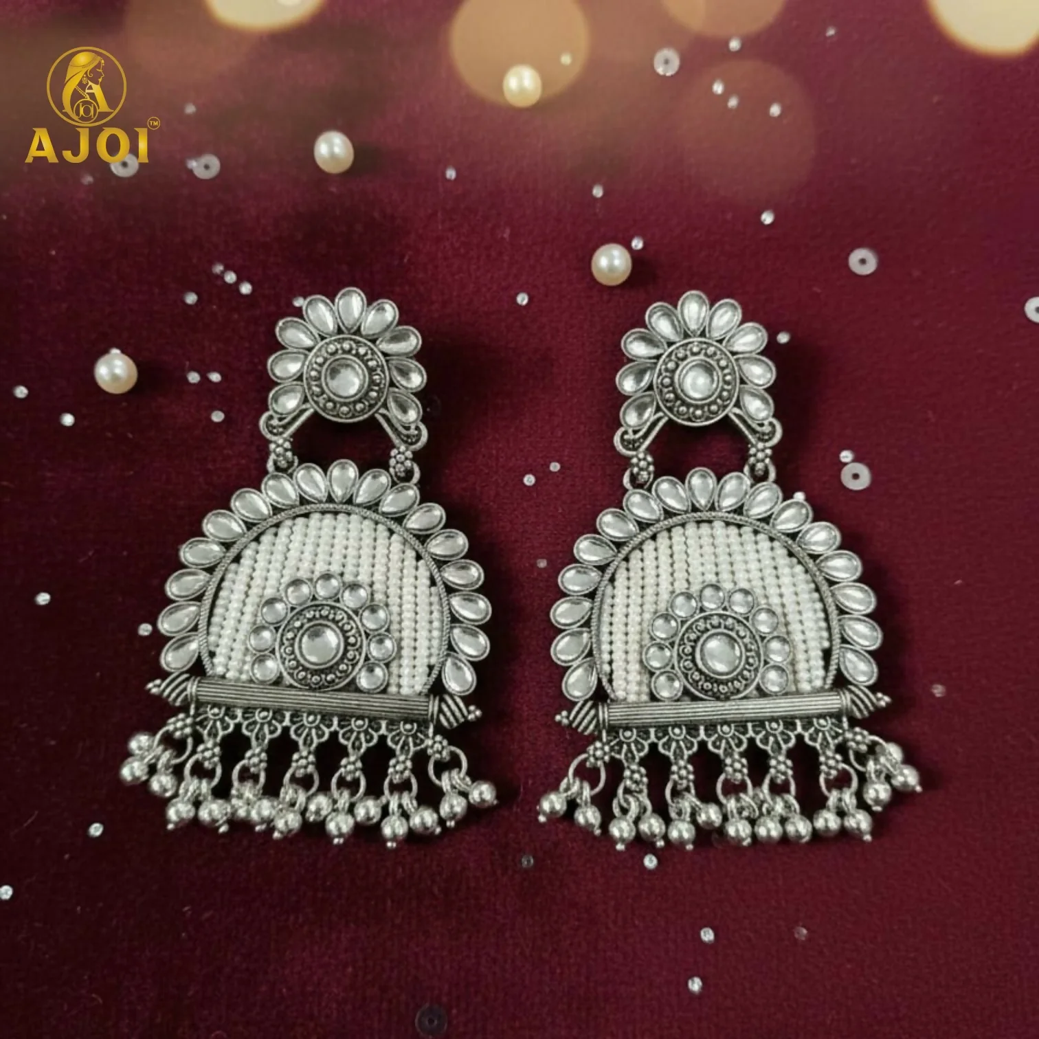 Traditional Oxidized Silver Jeco Chandbali Earrings - Image 4