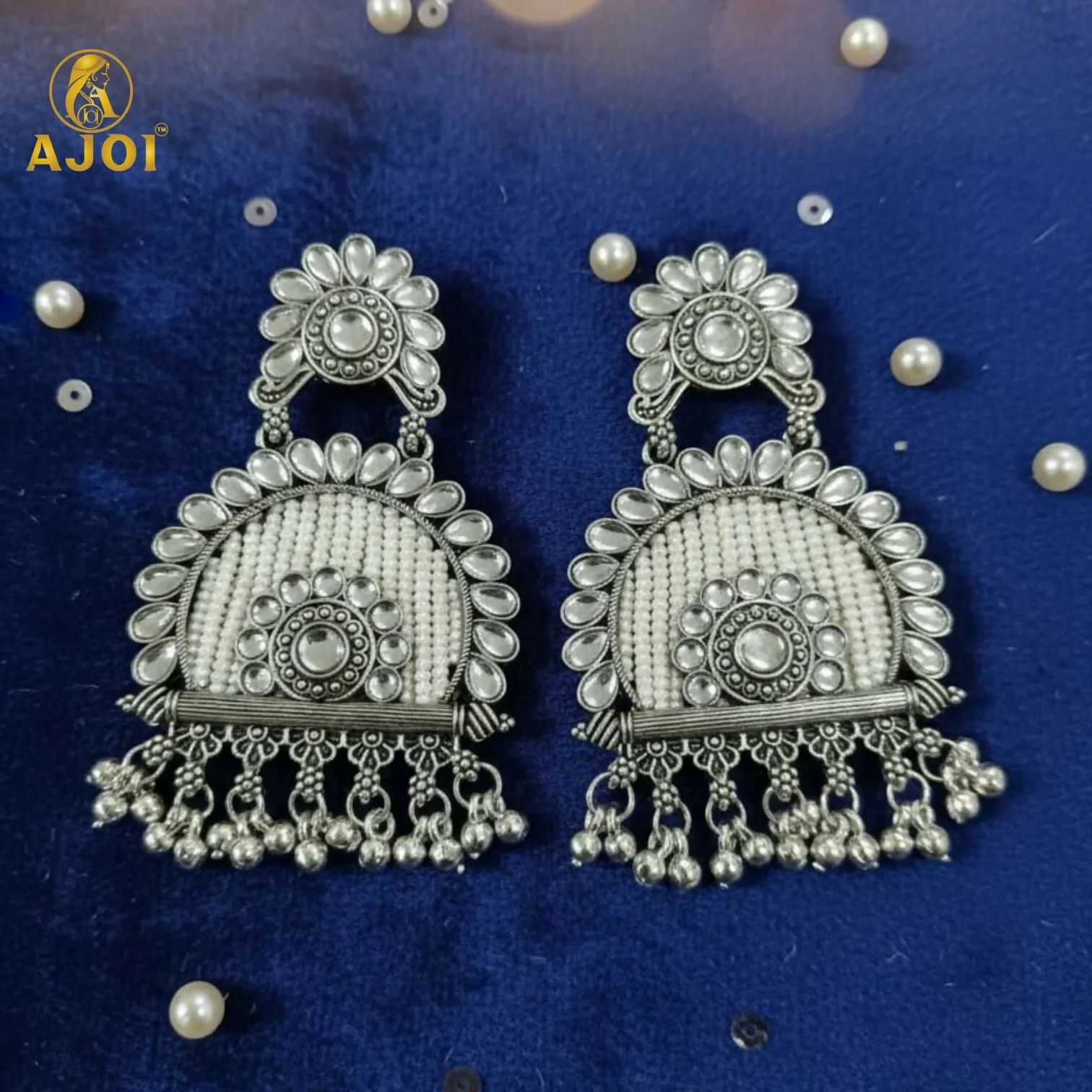 Traditional Oxidized Silver Jeco Chandbali Earrings - Image 5