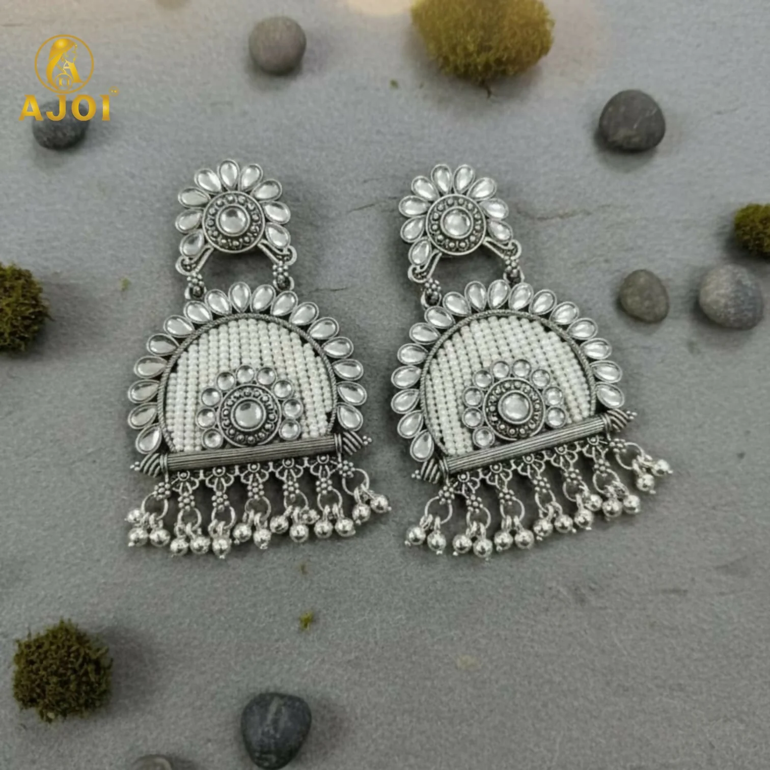 Traditional Oxidized Silver Jeco Chandbali Earrings - Image 6