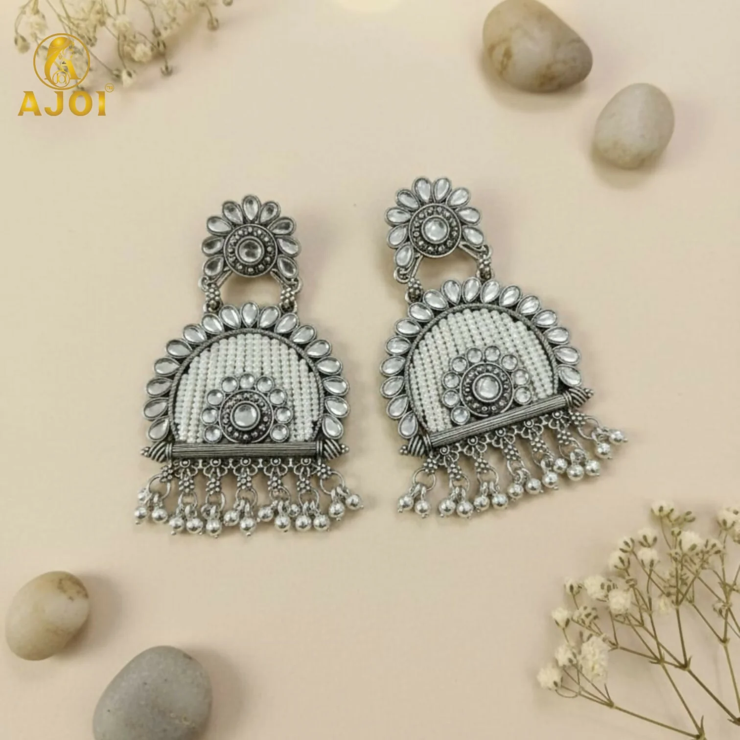 Traditional Oxidized Silver Jeco Chandbali Earrings - Image 7