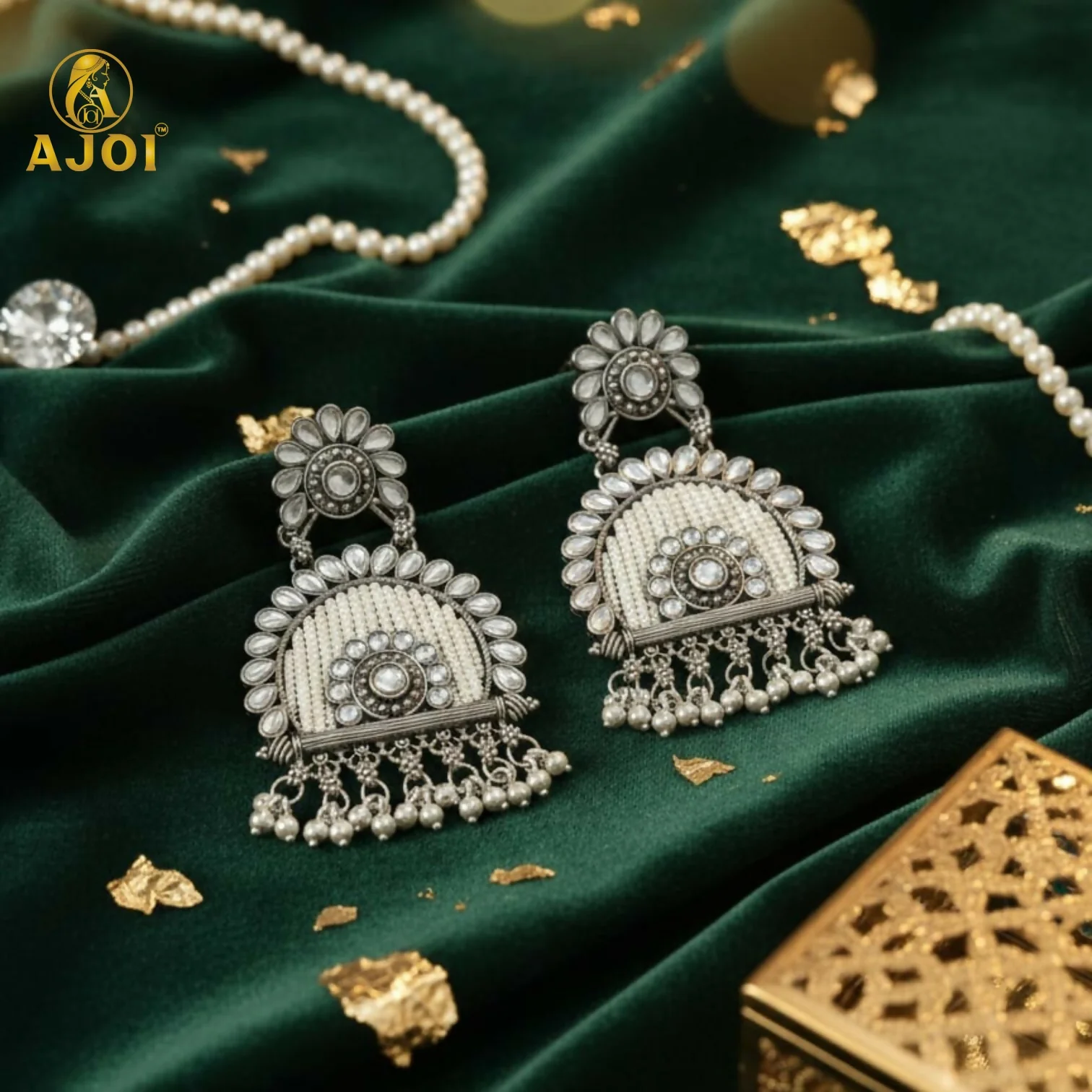 Traditional Oxidized Silver Jeco Chandbali Earrings - Image 8