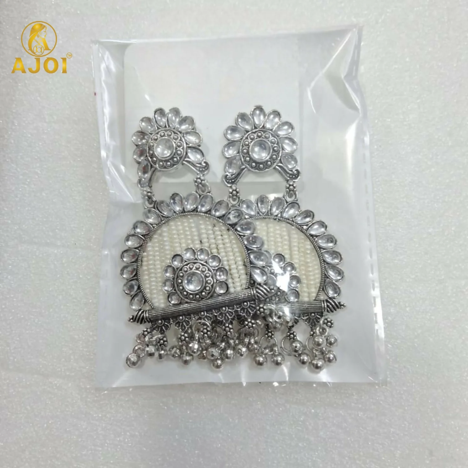 Traditional Oxidized Silver Jeco Chandbali Earrings - Image 9