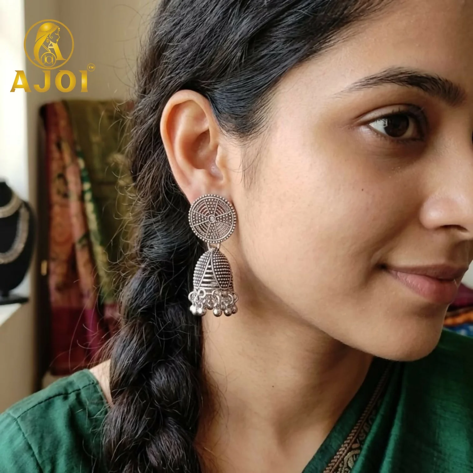 Traditional Oxidized Silver Jhumka Earrings Set of 4 - Image 2