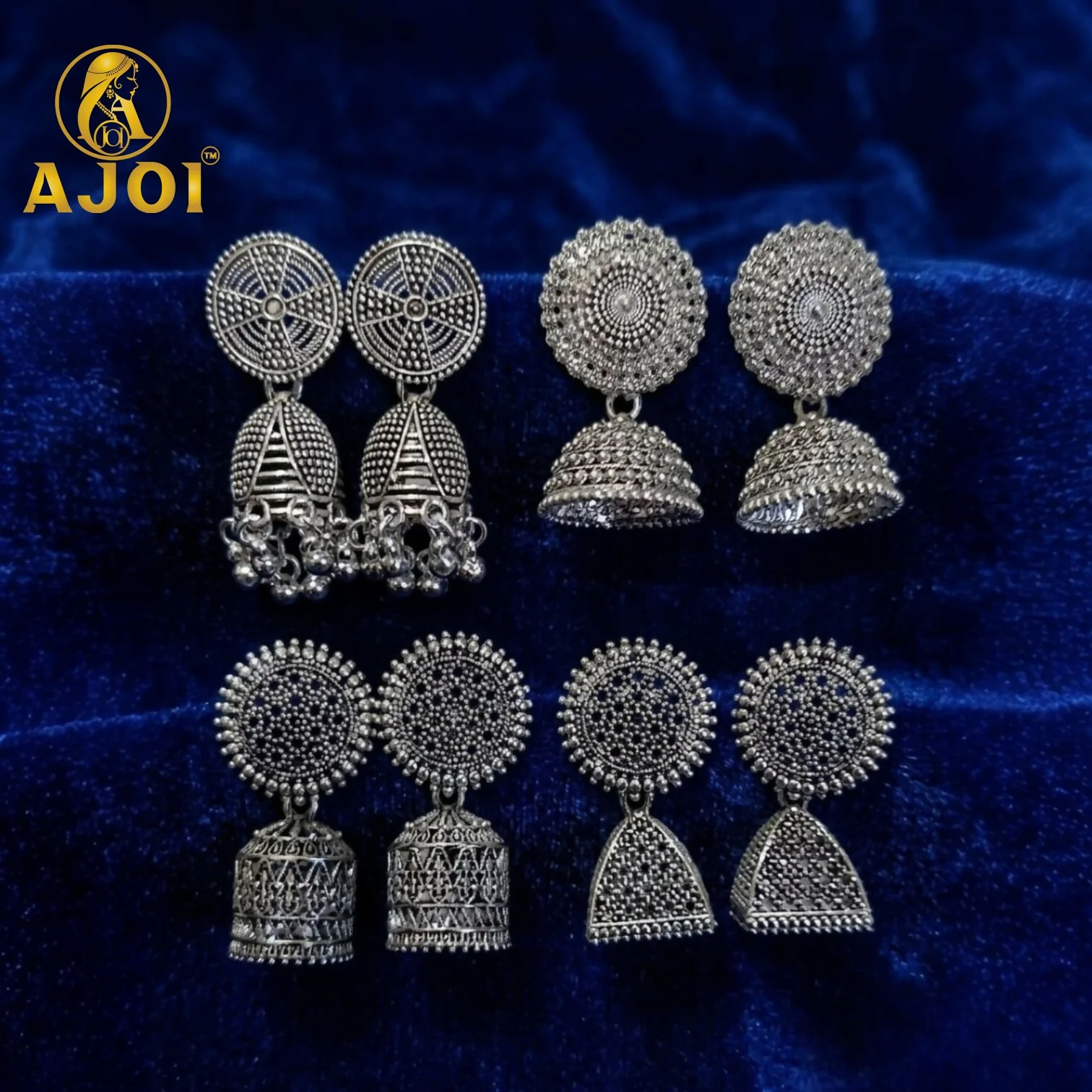 Traditional Oxidized Silver Jhumka Earrings Set of 4 - Image 3