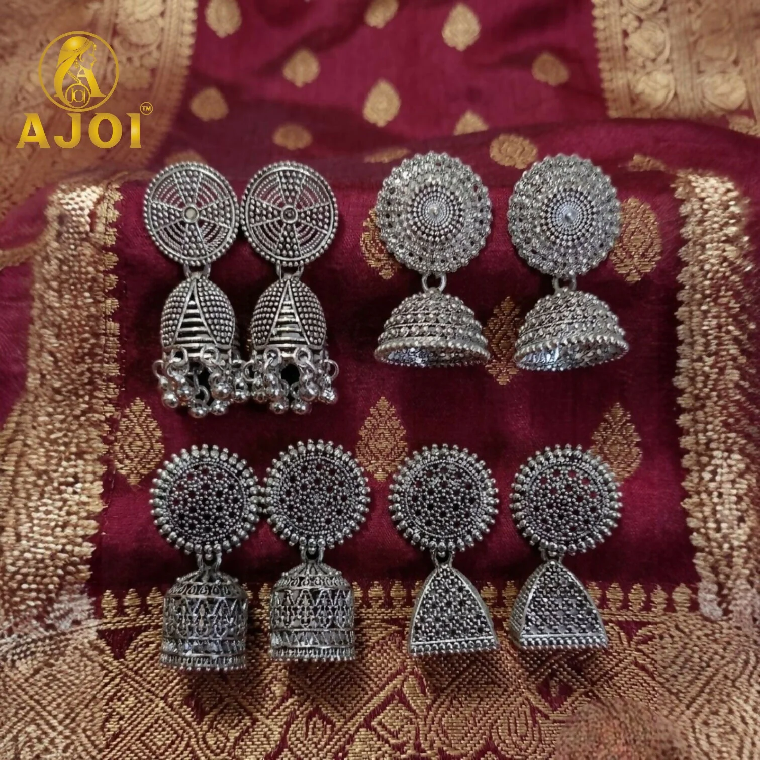 Traditional Oxidized Silver Jhumka Earrings Set of 4 - Image 4