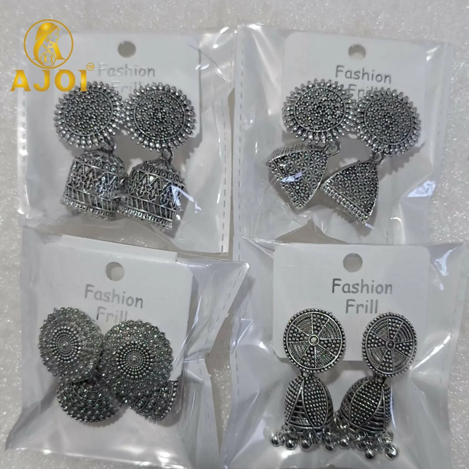 Traditional Oxidized Silver Jhumka Earrings Set of 4 - Image 5