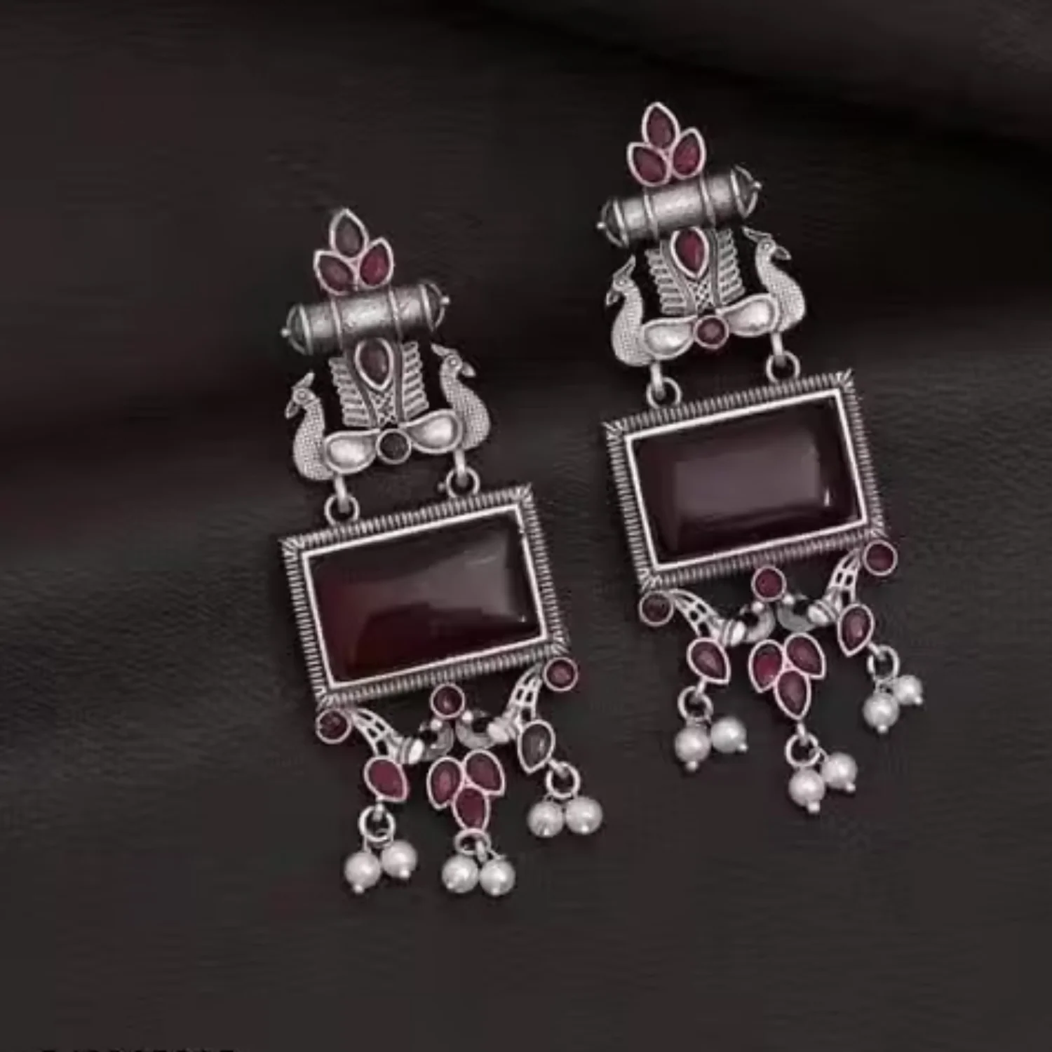 Traditional Oxidized Silver Maroon Stone Pearl Drop Earrings - Image 3