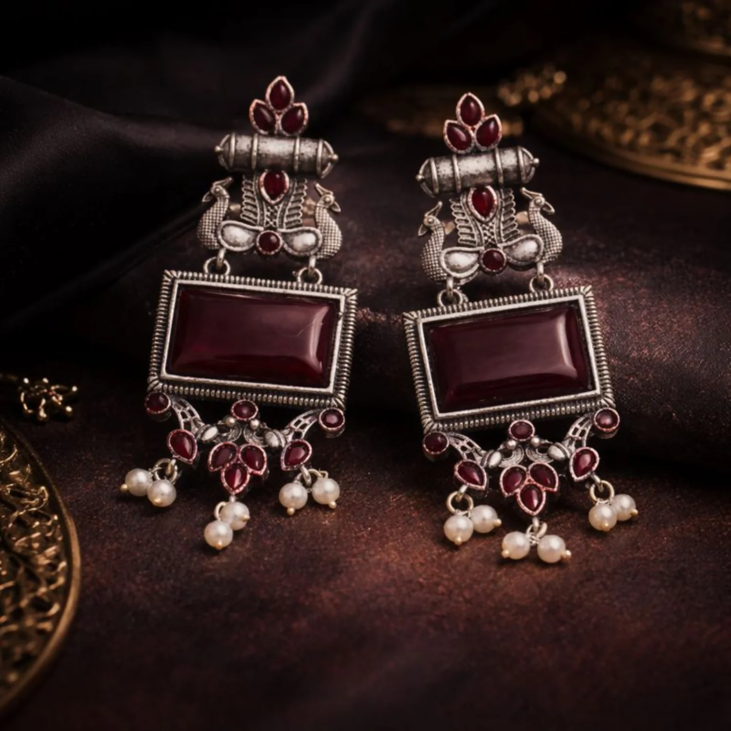 Traditional Oxidized Silver Maroon Stone Pearl Drop Earrings - Image 4
