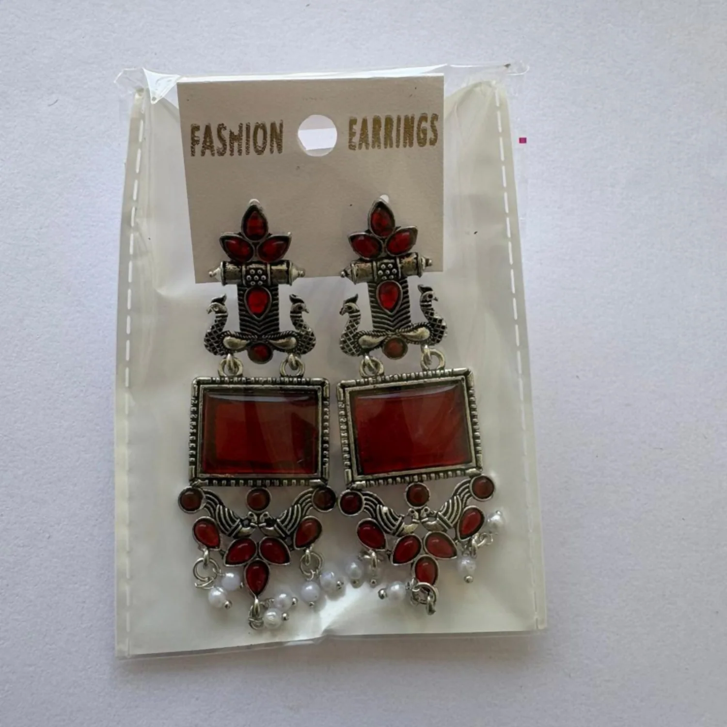 Traditional Oxidized Silver Maroon Stone Pearl Drop Earrings - Image 5