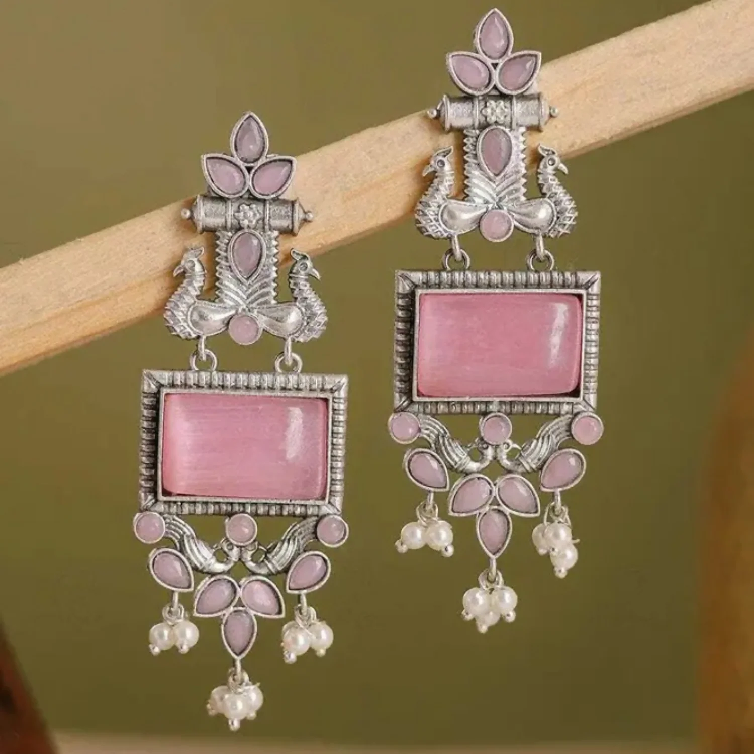 Traditional Oxidized Silver Pink Stone Pearl Drop Earrings - Image 2