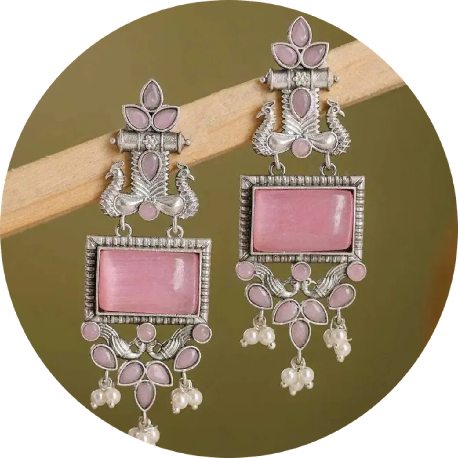 Traditional Oxidized Silver Pink Stone Pearl Drop Earrings - Image 3