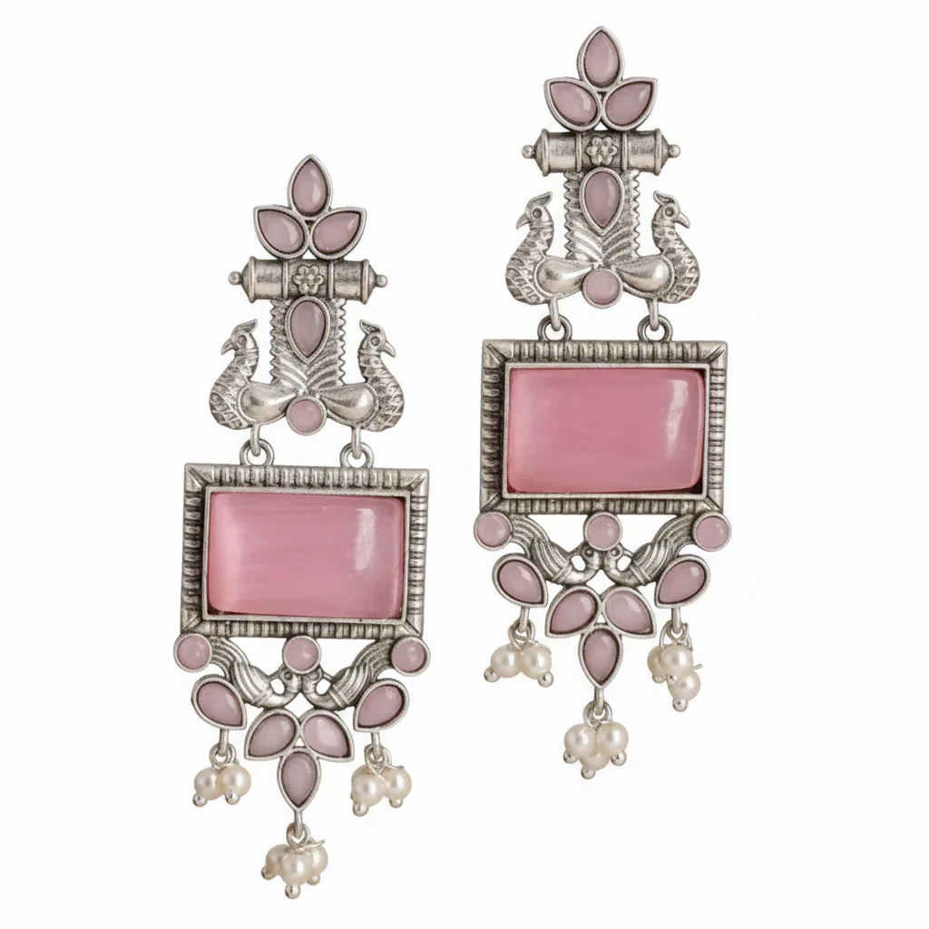 Traditional Oxidized Silver Pink Stone Pearl Drop Earrings - Image 4